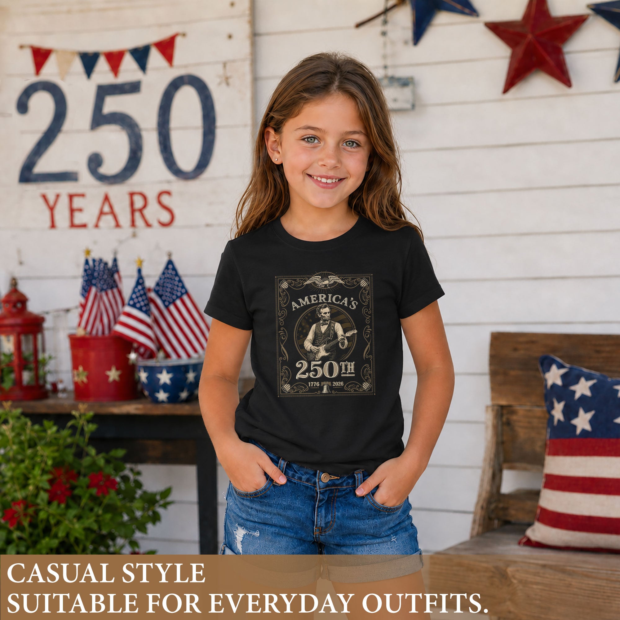 Kids America's 250th Anniversary T-Shirt 1776–2026 Lincoln Guitar Patriotic Tee