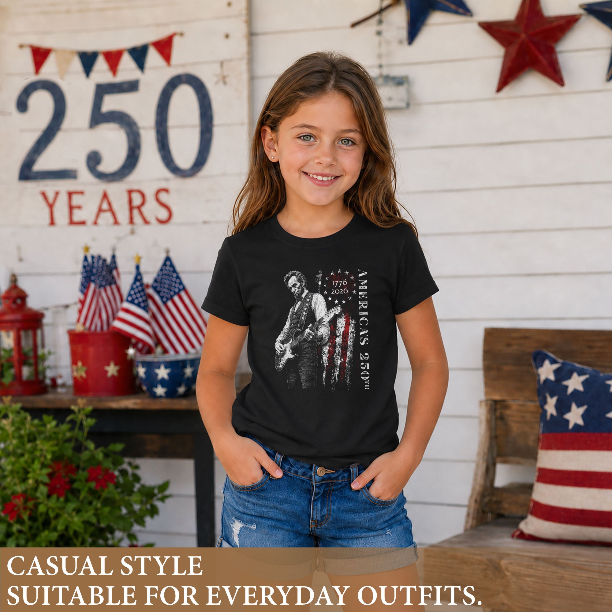 America's 250th Anniversary Kids Shirt 1776–2026 Lincoln Guitar Freedom Tee