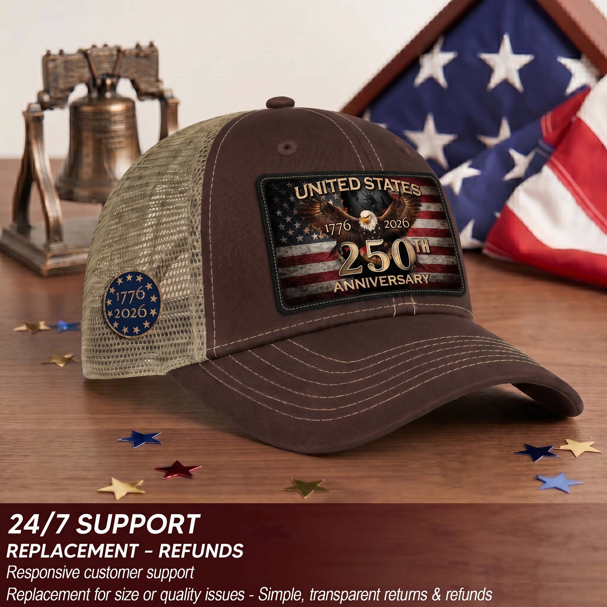1776-2026 USA Commemorative Leather Patch Trucker Hat Majestic Eagle Mesh Back Cap
