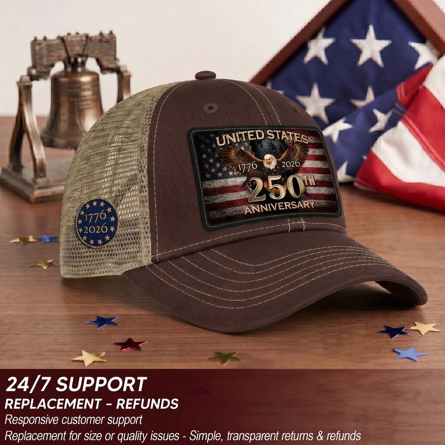 1776-2026 USA Commemorative Leather Patch Trucker Hat Majestic Eagle Mesh Back Cap