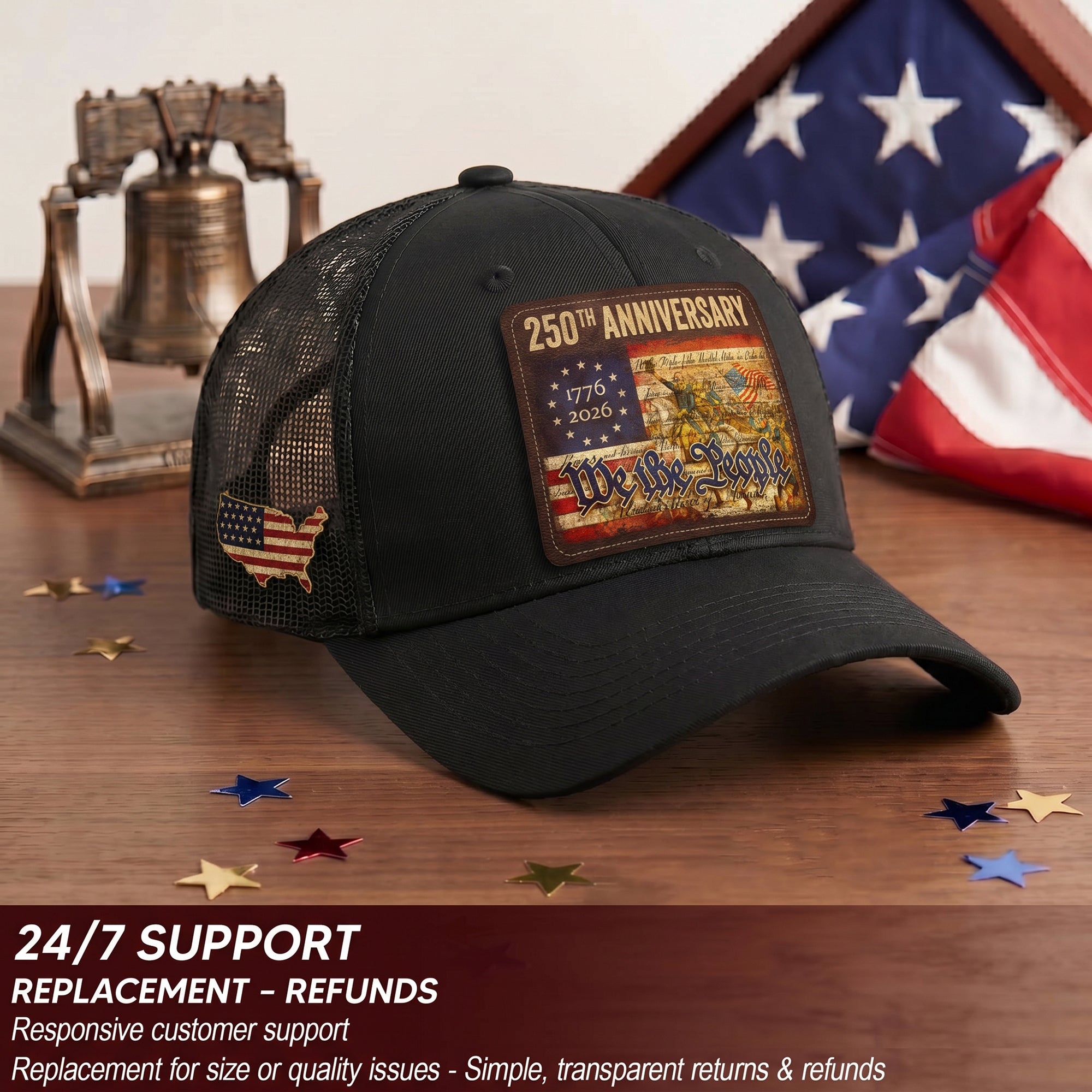 USA 250th Anniversary We The People Leather Patch Trucker Hat Patriotic Mesh Cap