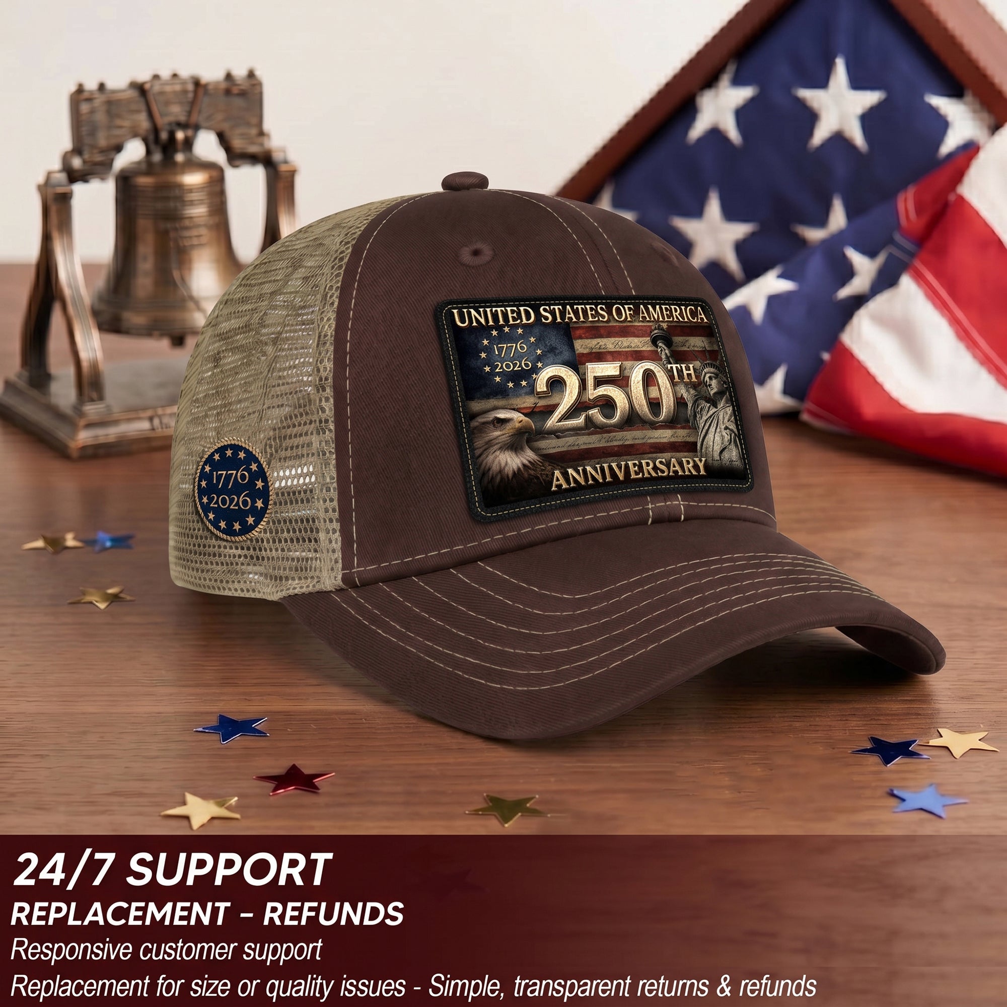 USA 250th Anniversary Leather Patch Trucker Hat Eagle & Statue of Liberty Mesh Cap