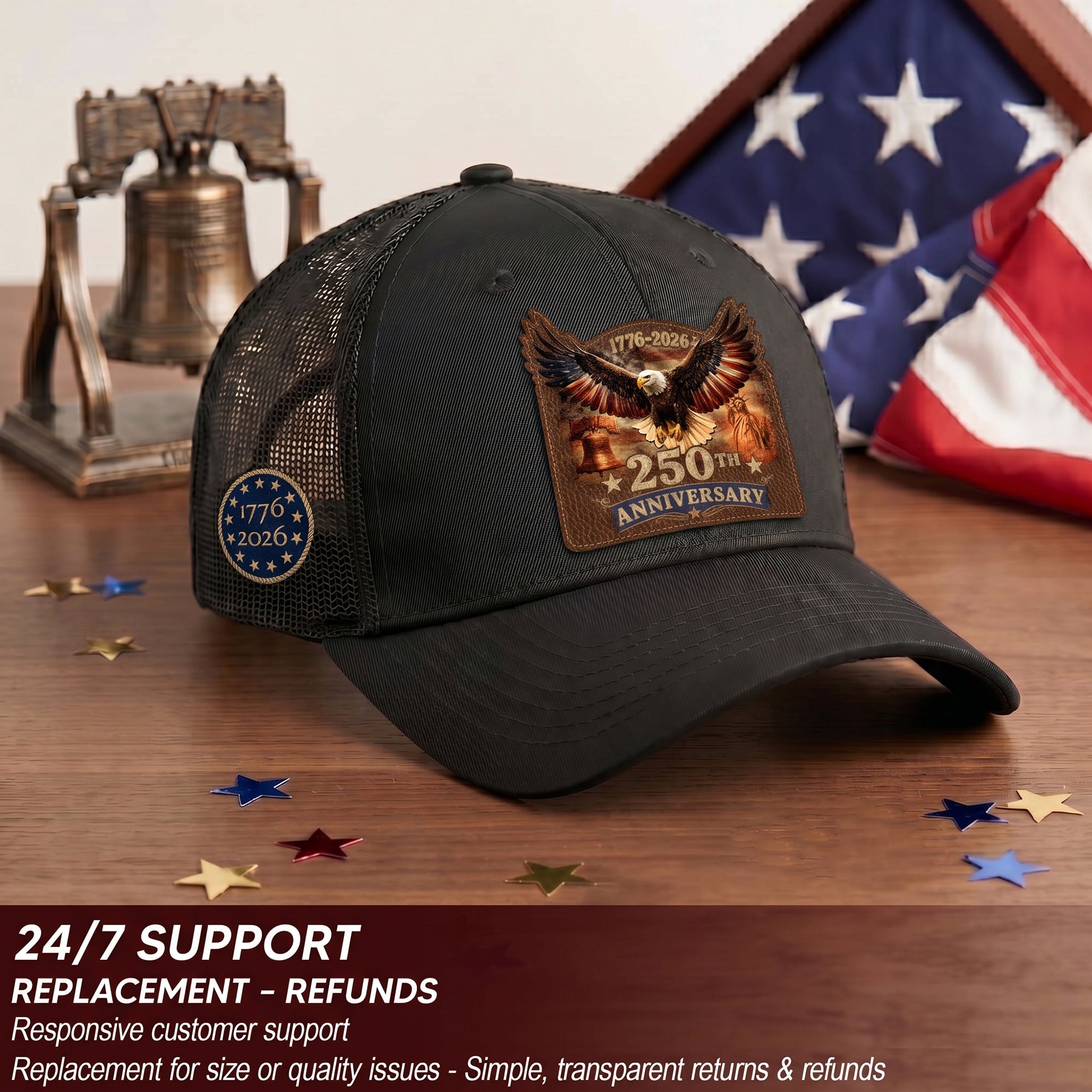 1776-2026 USA Heritage Leather Patch Trucker Cap Patriotic Eagle & Liberty Bell Hat