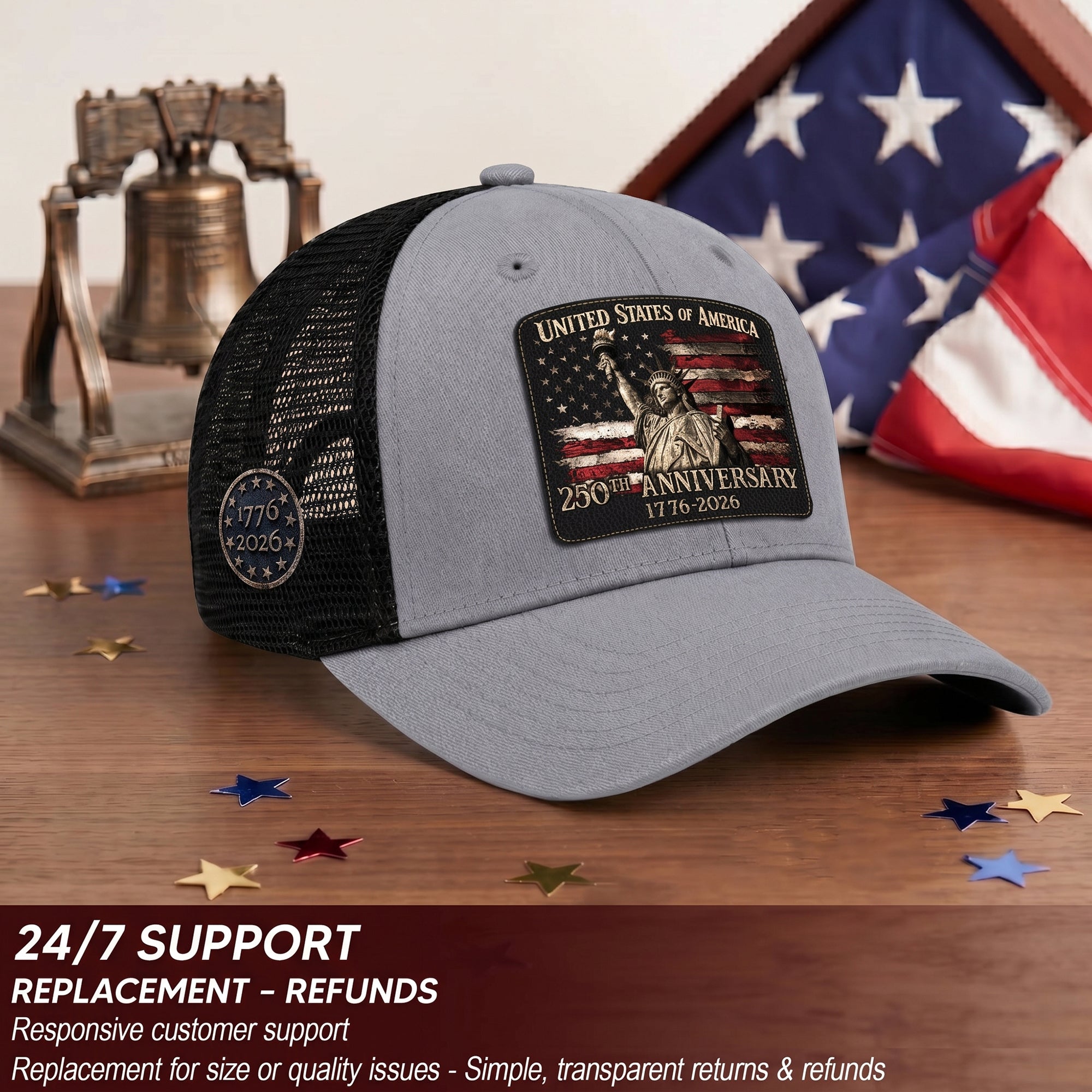United States 1776-2026 Leather Patch Cap Patriotic Statue of Liberty Mesh Hat