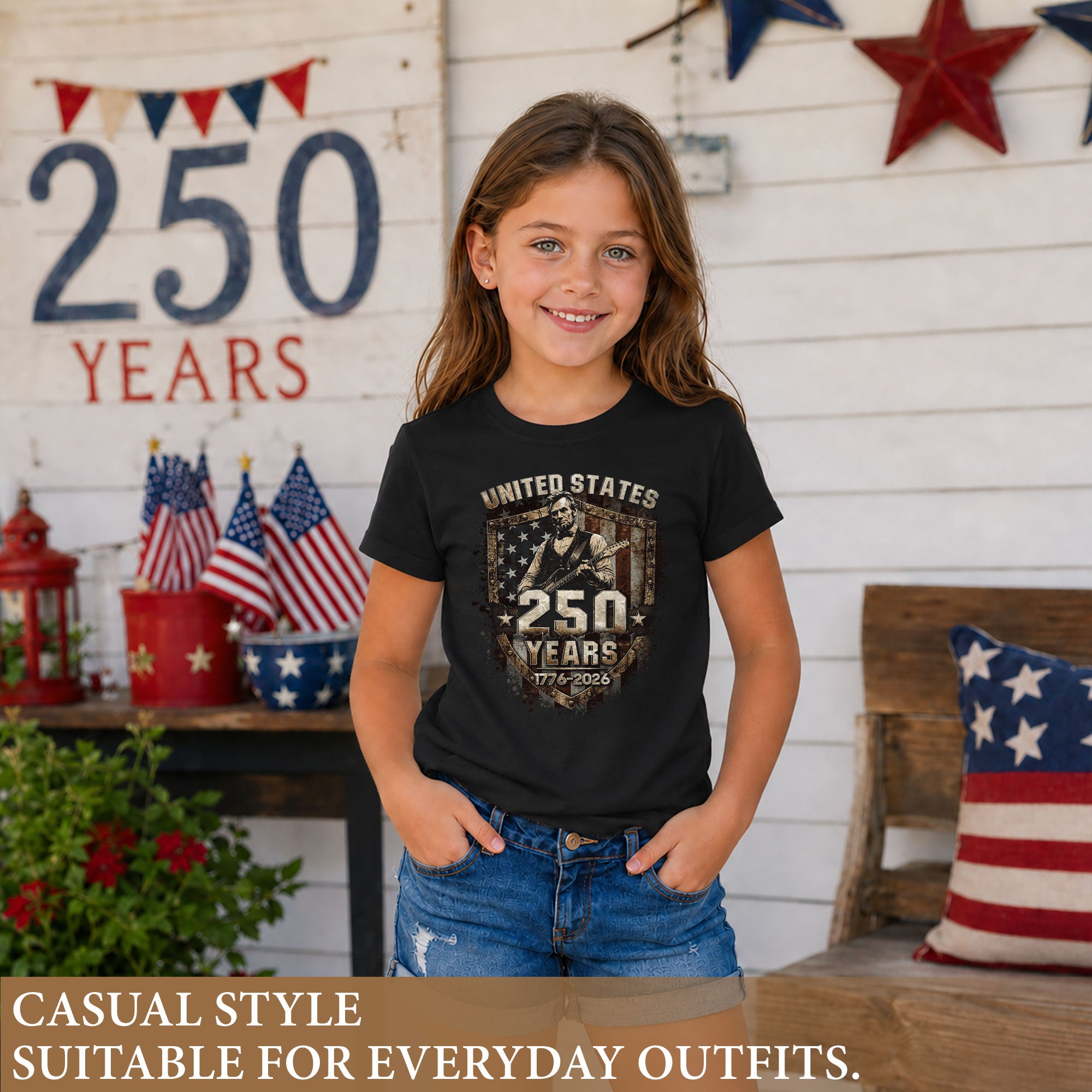 Kids America 250 Years T-Shirt 1776–2026 Lincoln Patriotic Freedom Youth Tee