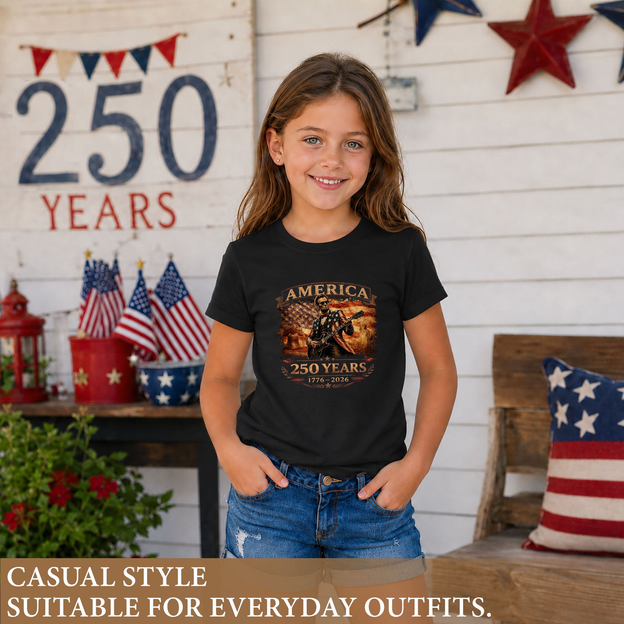 Kids America 250 Years T-Shirt 1776–2026 Lincoln Guitar Patriotic Youth Graphic Tee
