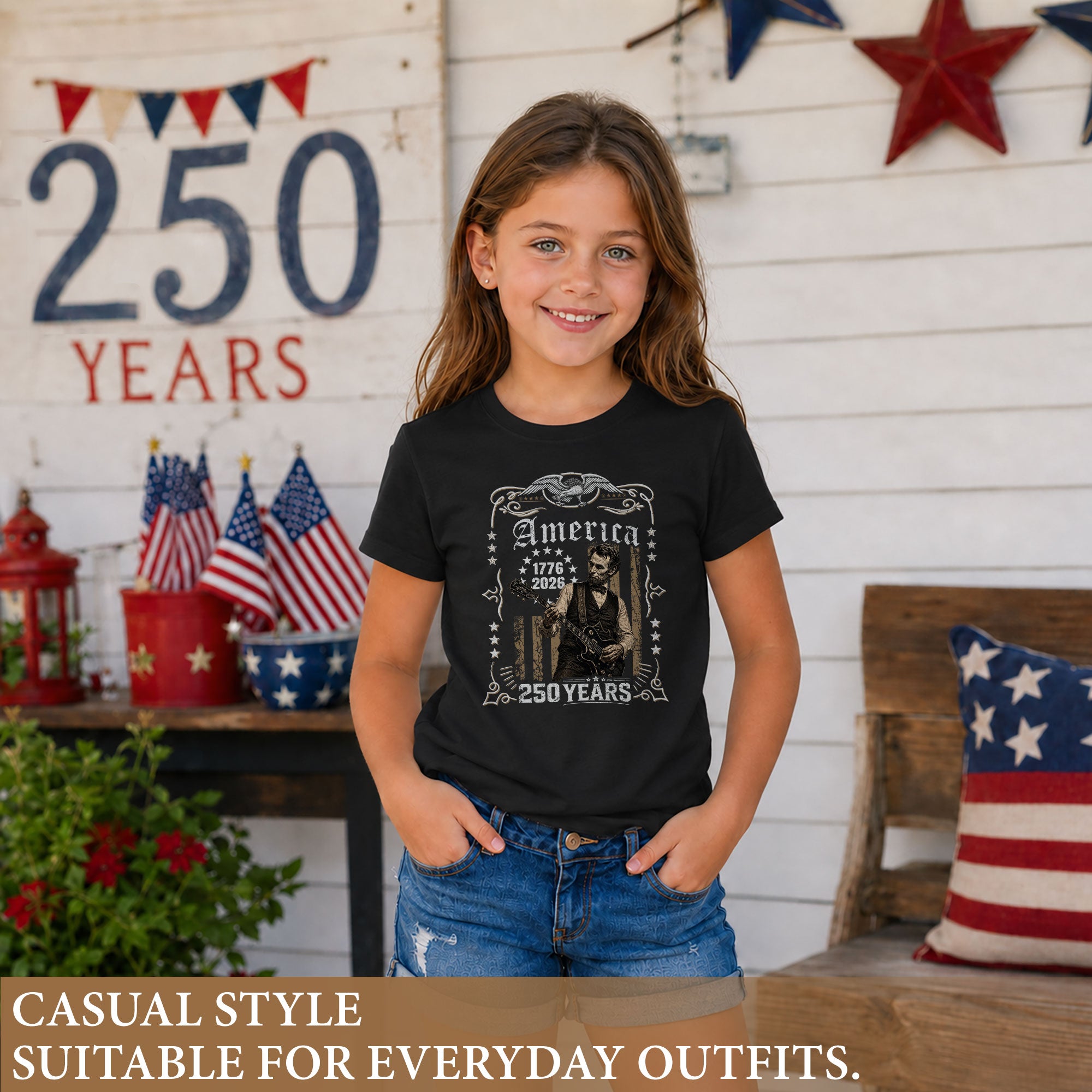 America 250 Years Kids Shirt 1776–2026 Lincoln Music Patriotic Youth Tee