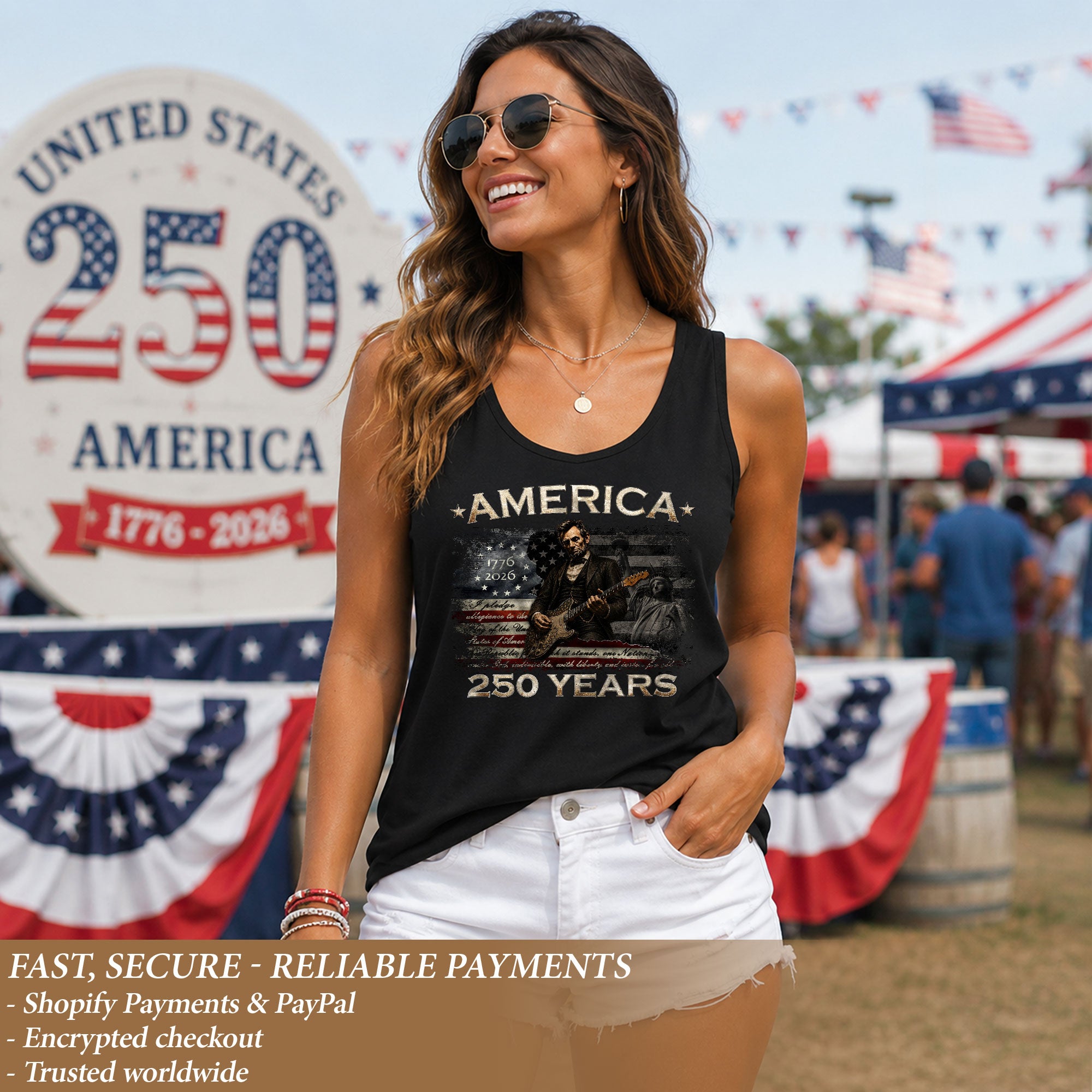 250 Years Tank Top Women America Lincoln Guitar Statue of Liberty Patriotic Shirt