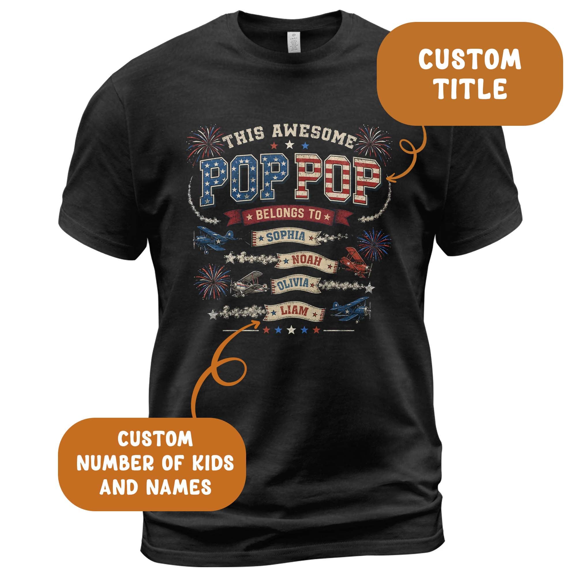 Retro Biplane Graphic Tee Custom Names Personalized Title All Ages Matching Shirt