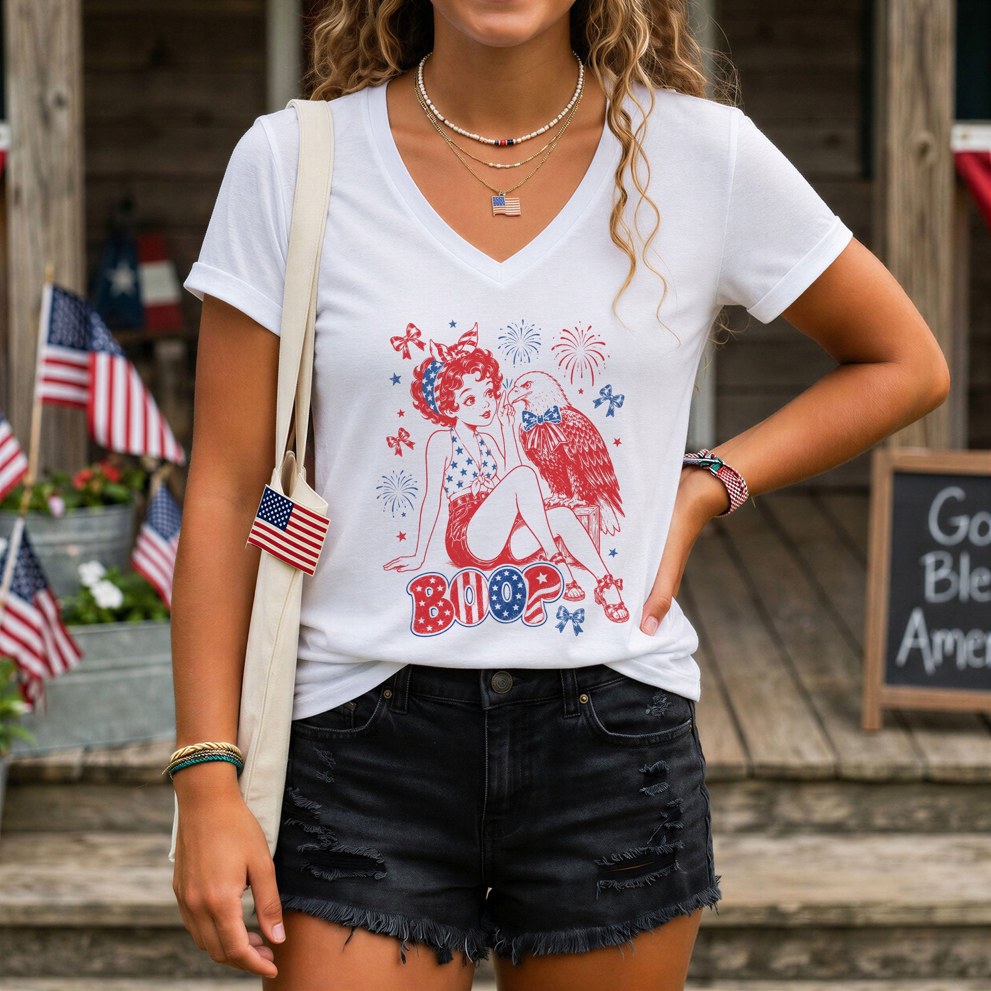 Boop Eagle V-Neck Shirt Women Patriotic Retro Pin Up Graphic American Style Tee