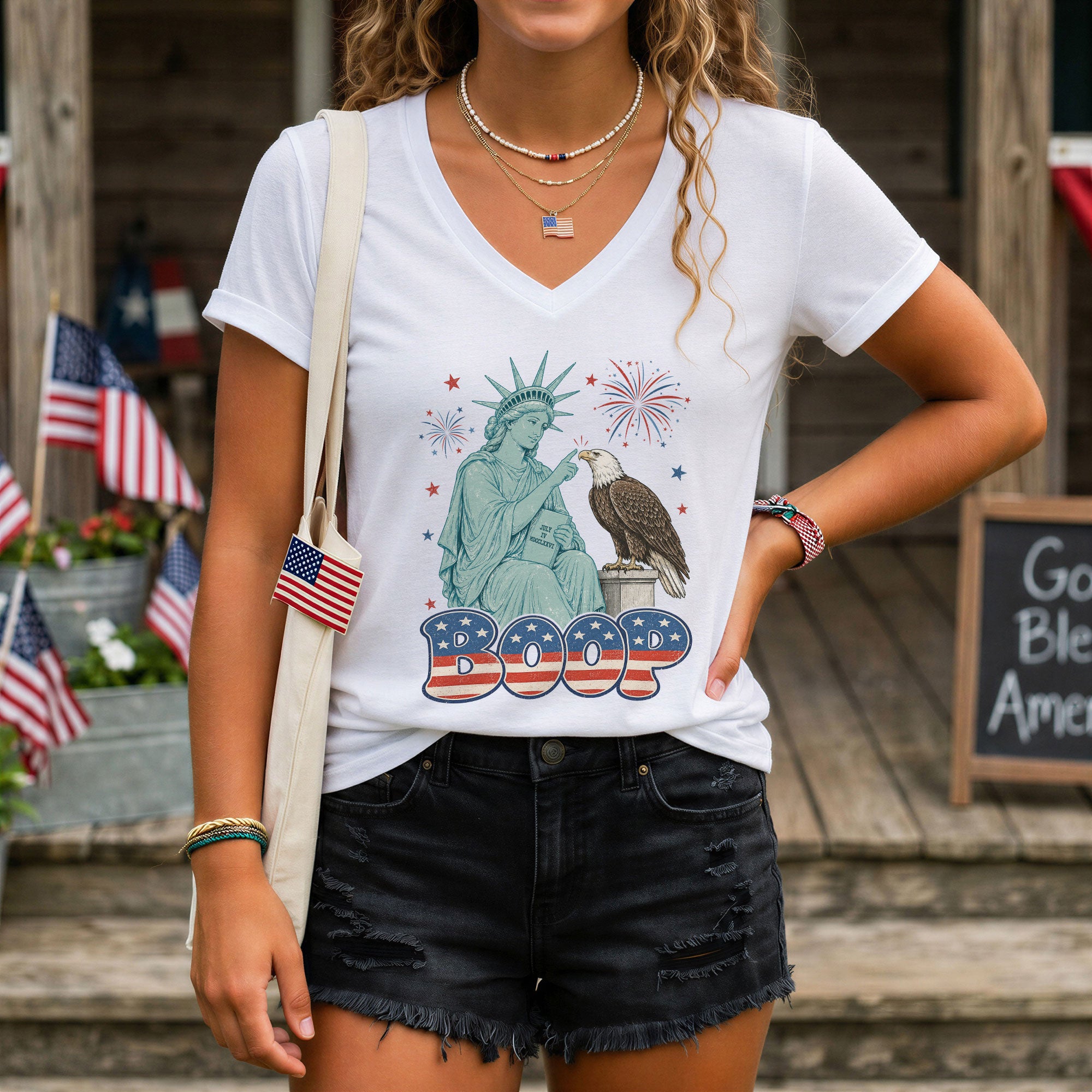 Boop Statue of Liberty Eagle V-Neck T-Shirt Women Patriotic Vintage Americana Tee