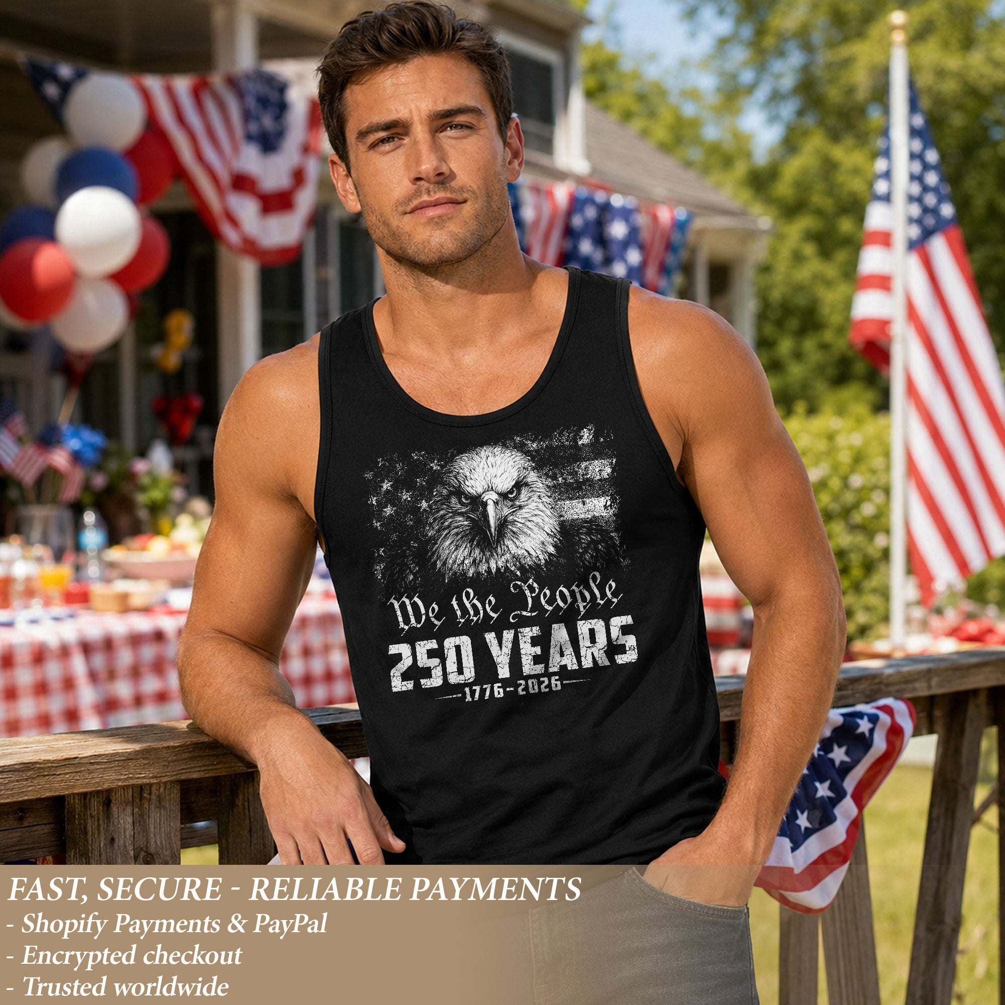 USA 1776-2026 Mens Tank Top Patriotic 250 Years Bald Eagle Vintage American Flag