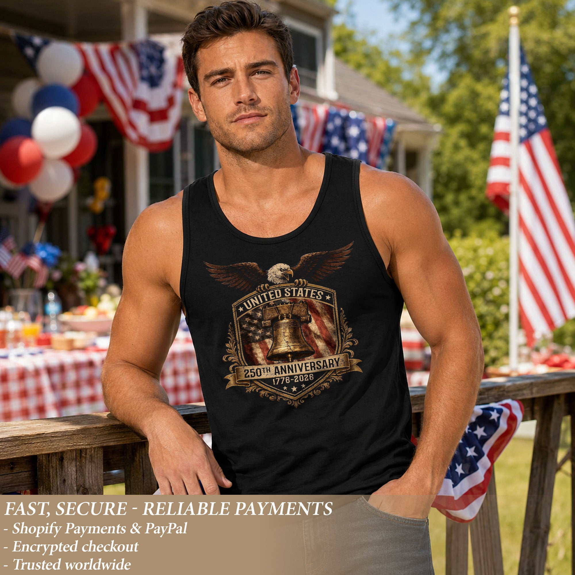 Independence 1776-2026 Mens Tank Top Patriotic 250 Years Eagle Golden Shield