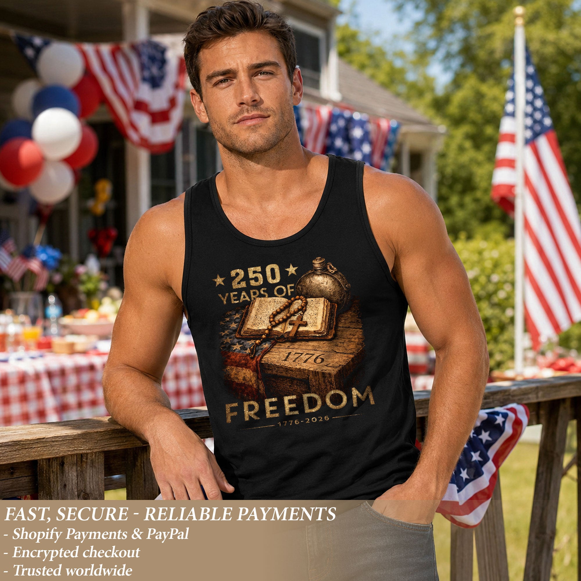 Tank Top Men Patriotic Bible Cross 1776-2026 250 Years Of Freedom Christian Summer Vest