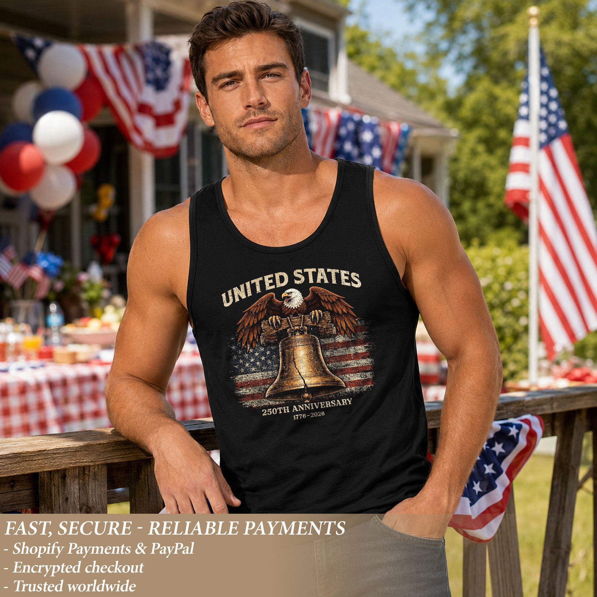 Tank Top Men Liberty Bell Bald Eagle 1776-2026 United States 250th Anniversary Patriotic Vest