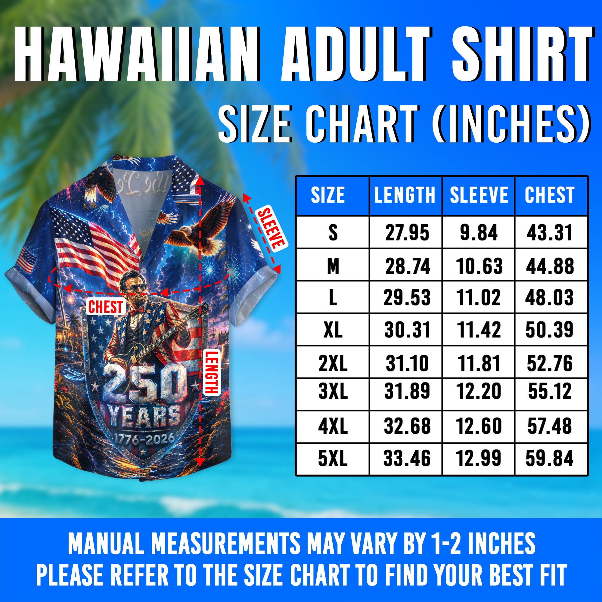Hawaiian Shirt Patriotic 250th Anniversary Abraham Lincoln Eagle Fireworks