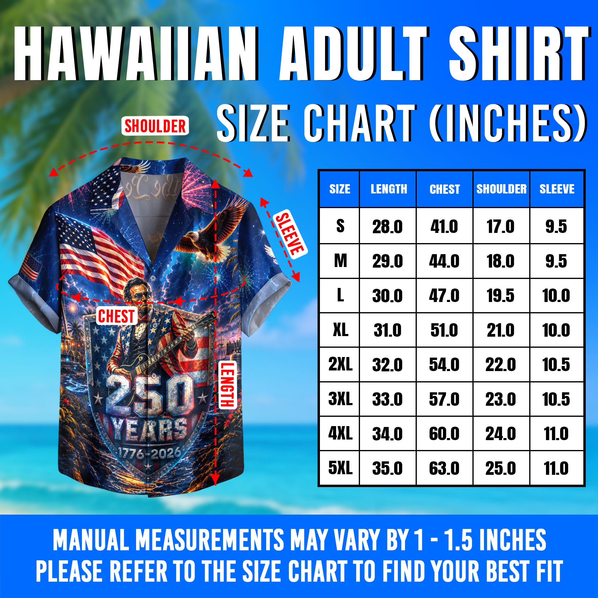 Hawaiian Shirt Patriotic 250th Anniversary Abraham Lincoln Eagle Fireworks