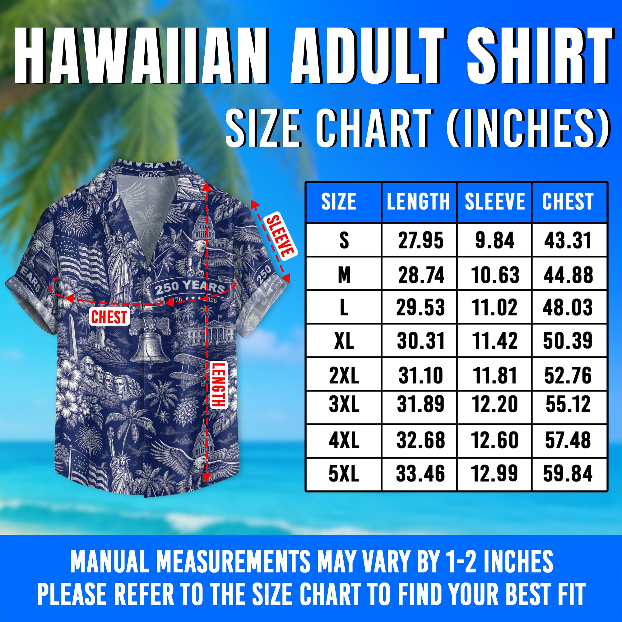 Hawaiian Shirt 250th Anniversary Vintage Patriotic Blue Toile All Over Print