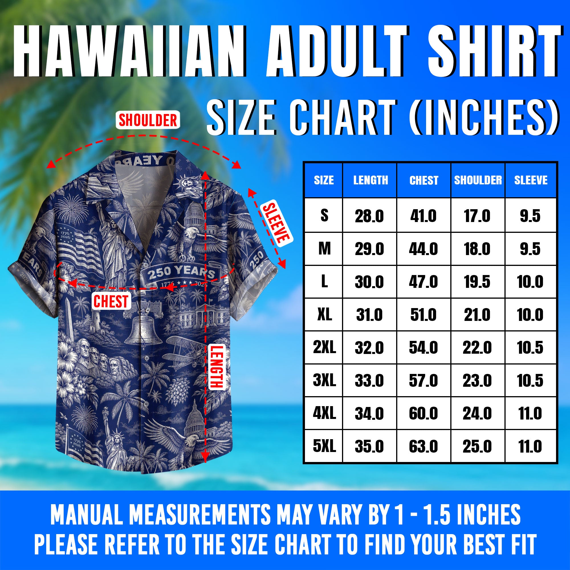Hawaiian Shirt 250th Anniversary Vintage Patriotic Blue Toile All Over Print