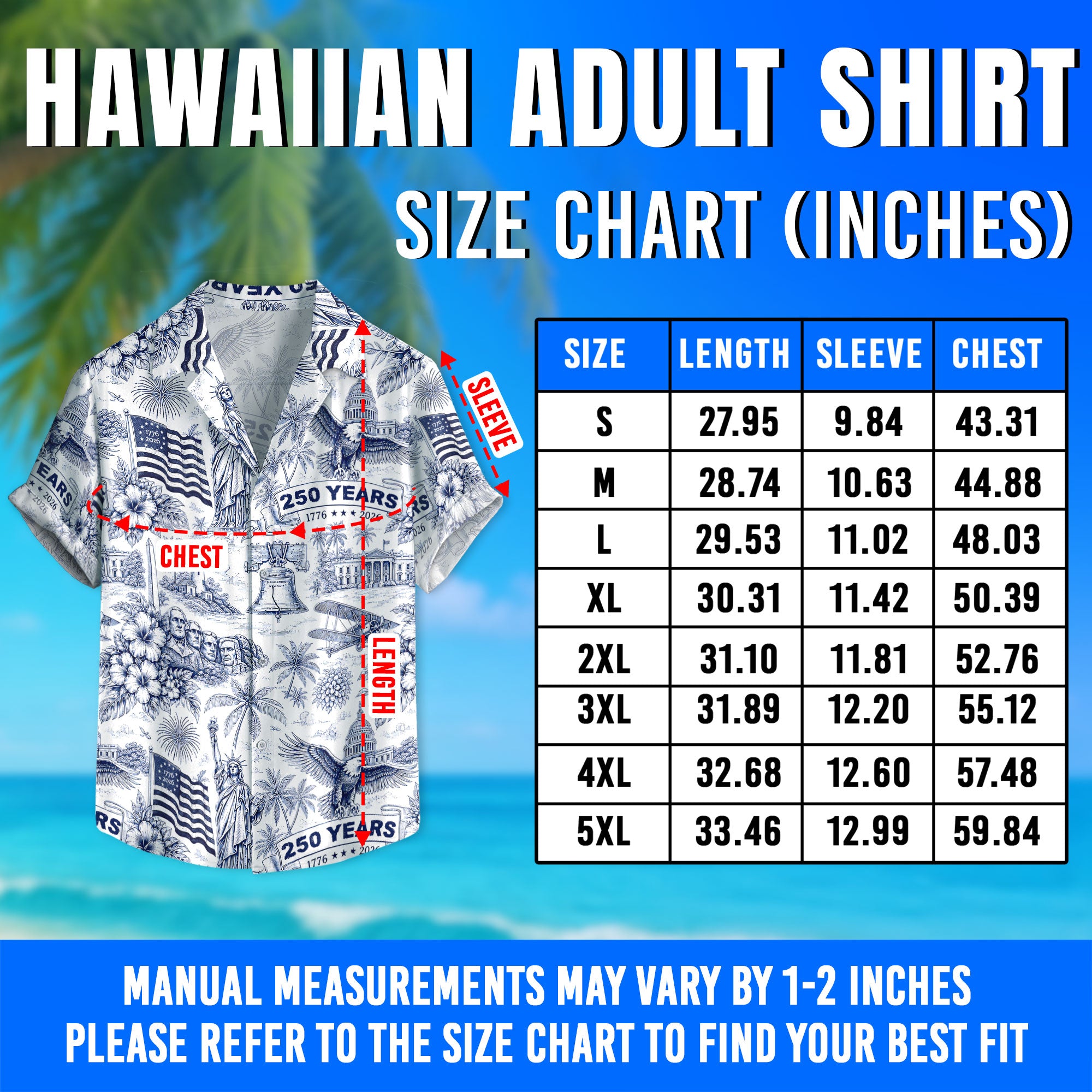 Hawaiian Shirt 250th Anniversary Vintage Patriotic White Toile All Over Print
