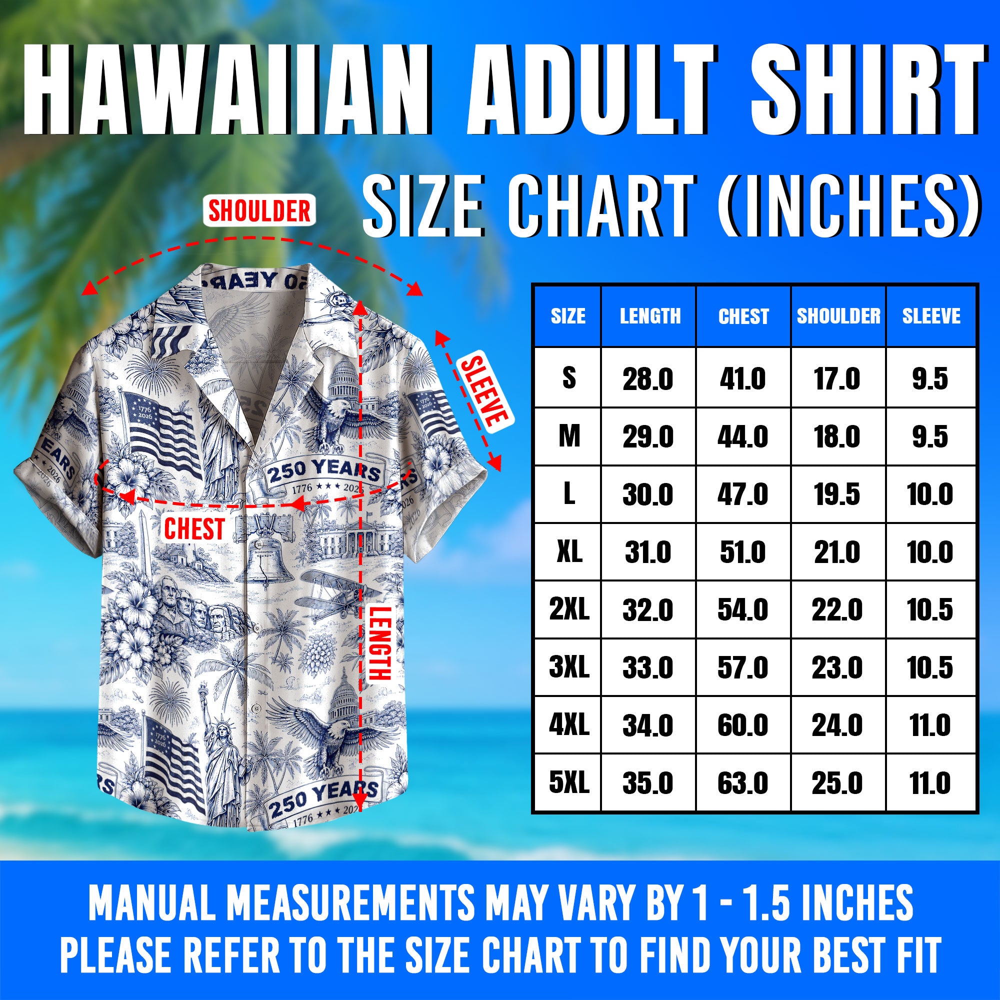 Hawaiian Shirt 250th Anniversary Vintage Patriotic White Toile All Over Print