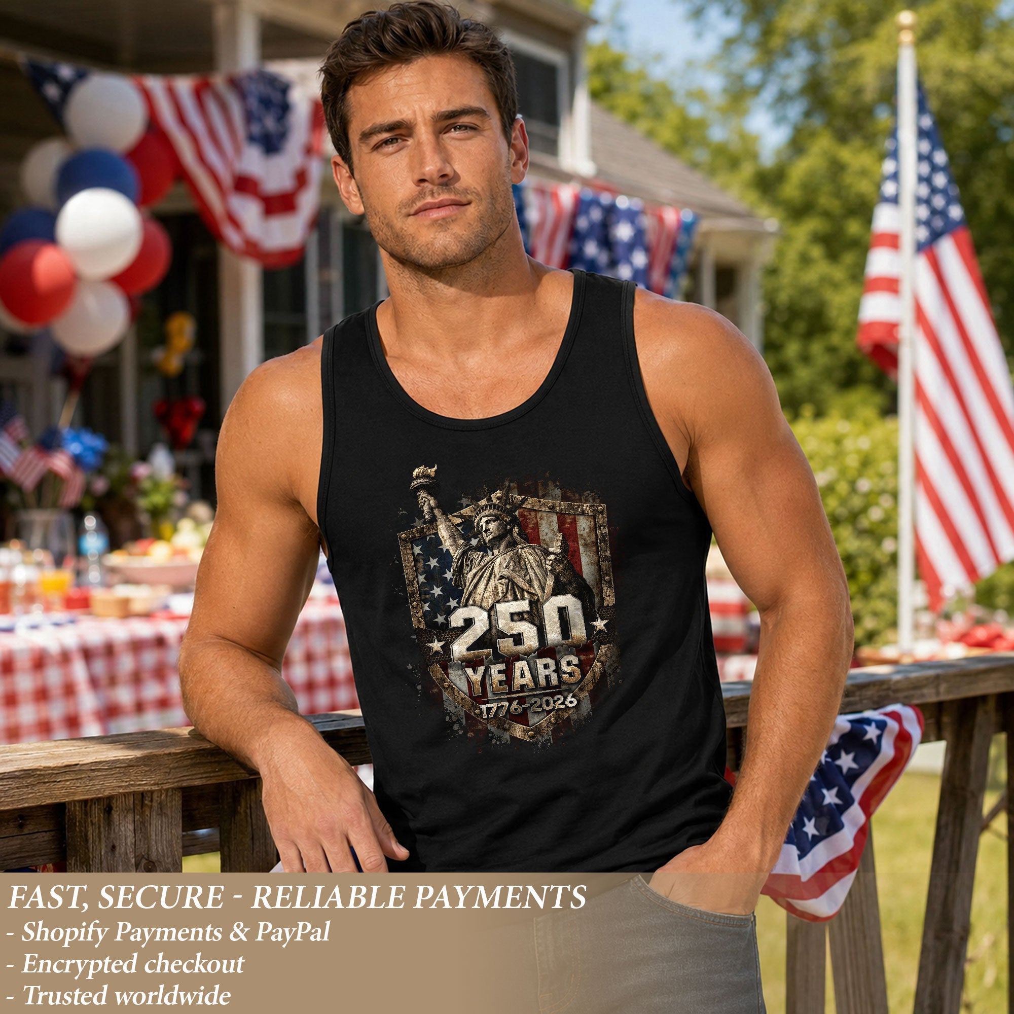 Statue of Liberty Shield Tank Top 1776-2026 Patriotic Retro Men Graphic Sleeveless Shirt