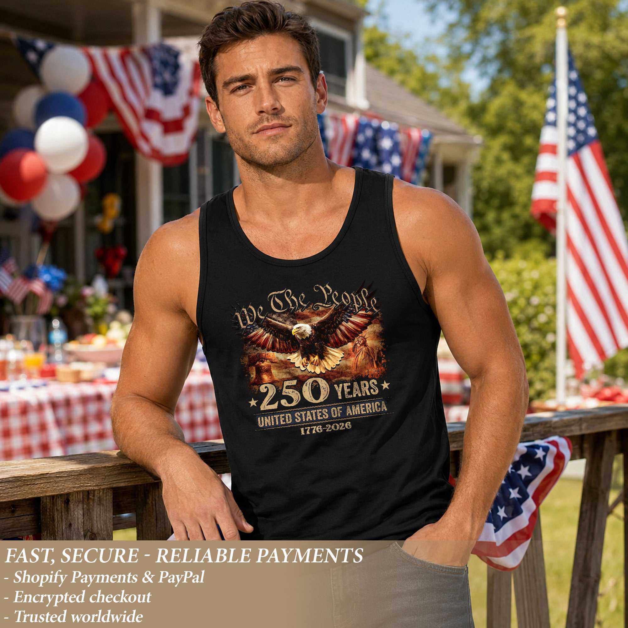 We The People Eagle Tank Top 1776-2026 Liberty Bell Patriotic Men Graphic Shirt