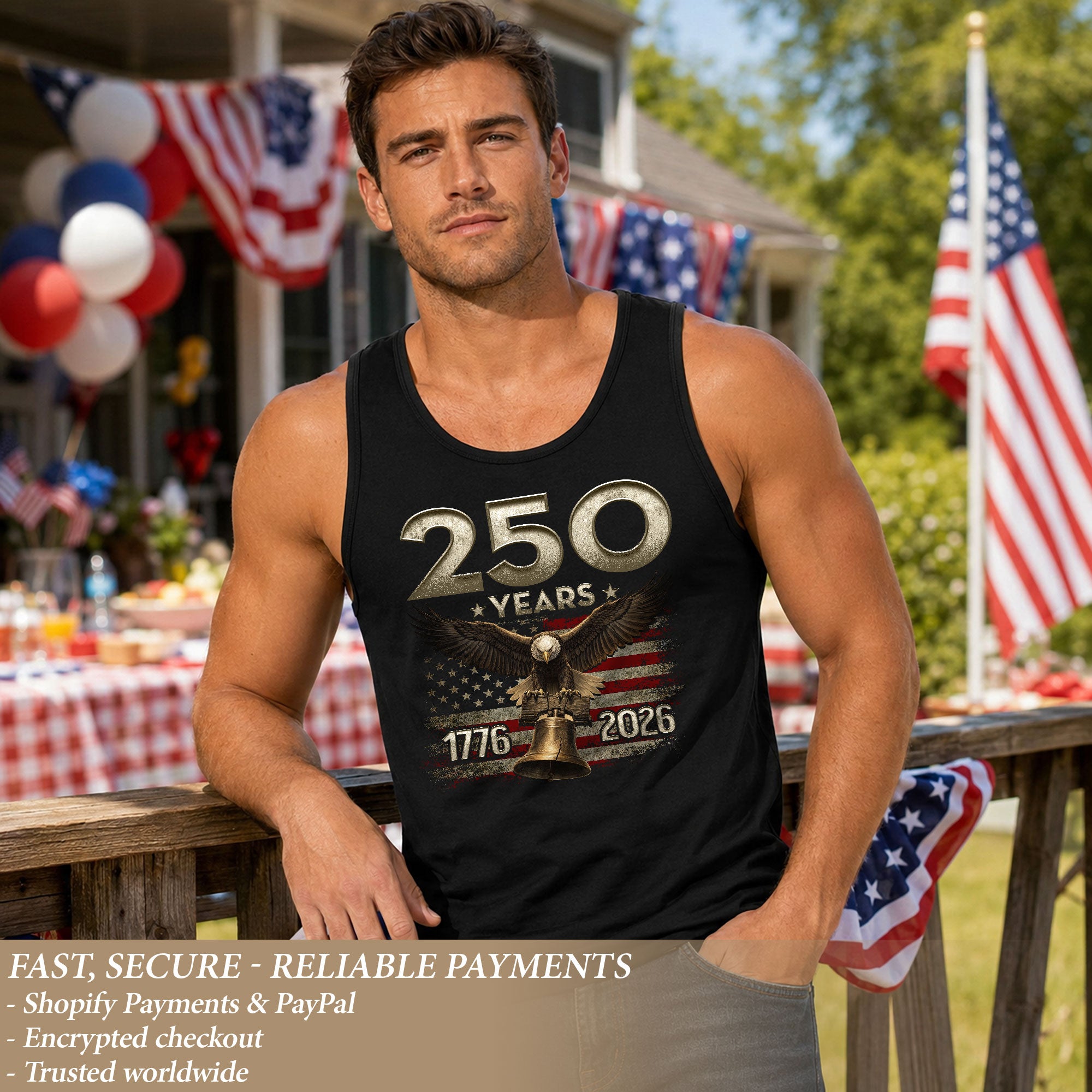 Patriotic Men Tank Top 1776-2026 250 Years Bald Eagle Liberty Bell American Flag Shirt