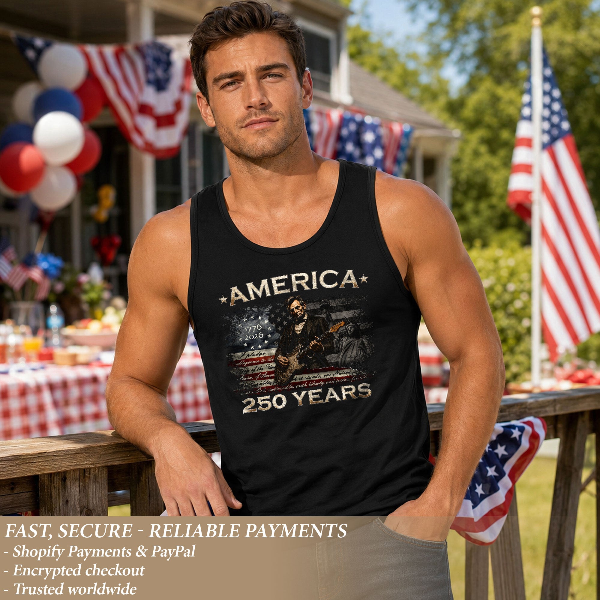 Pledge of Allegiance Lincoln Guitar Tank Top 1776-2026 Patriotic Men Graphic Gym Shirt