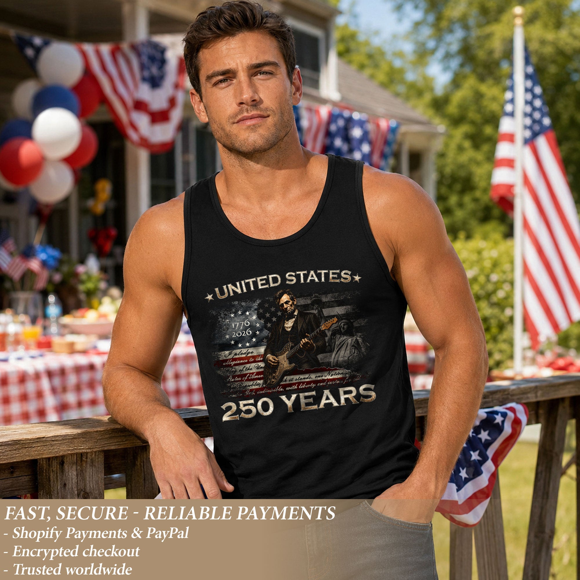 Pledge of Allegiance Lincoln Guitar Tank Top 1776-2026 Patriotic Men Graphic Gym Shirt