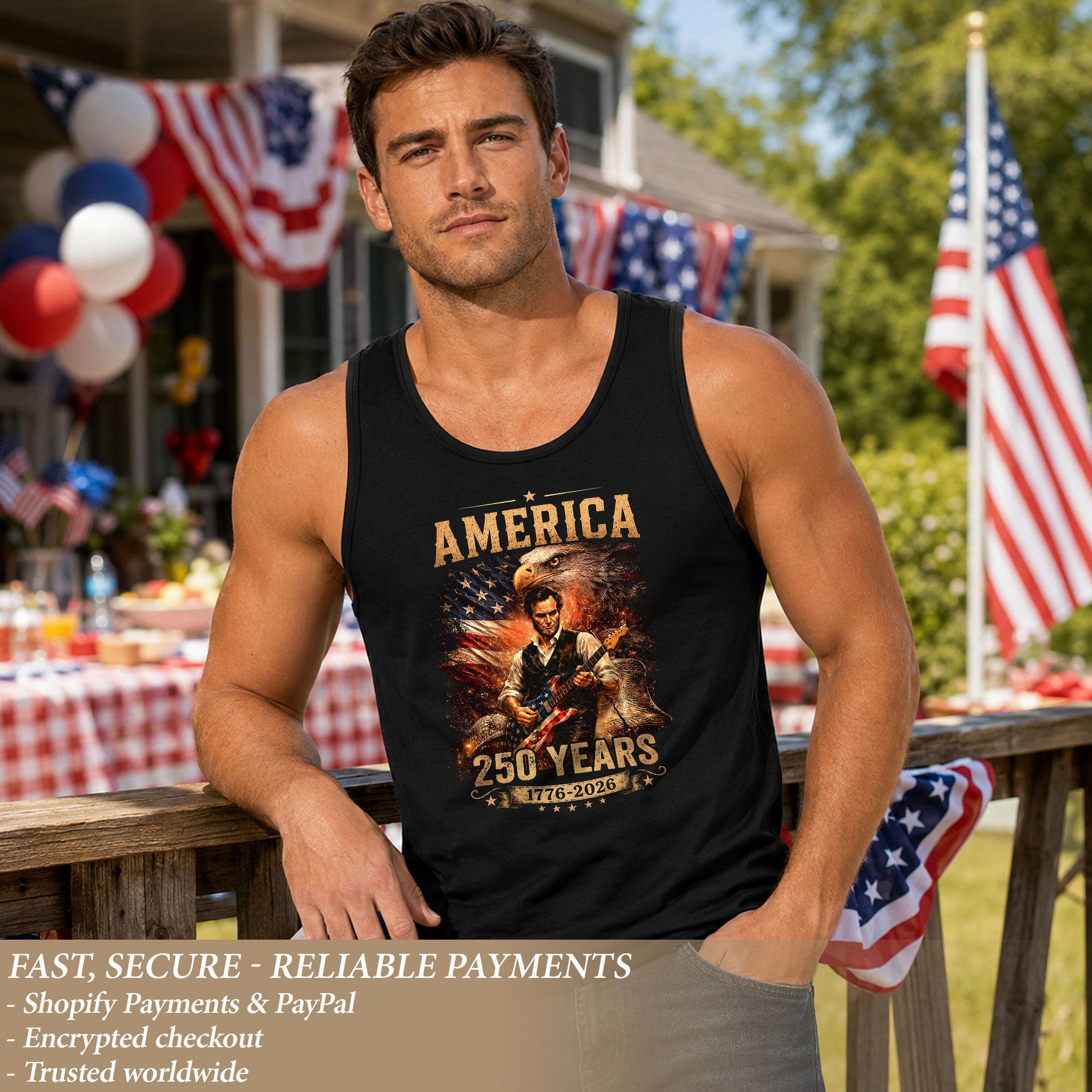 Eagle Abraham Lincoln Guitar Tank Top 1776-2026 Patriotic Vintage Men Graphic Gym Shirt
