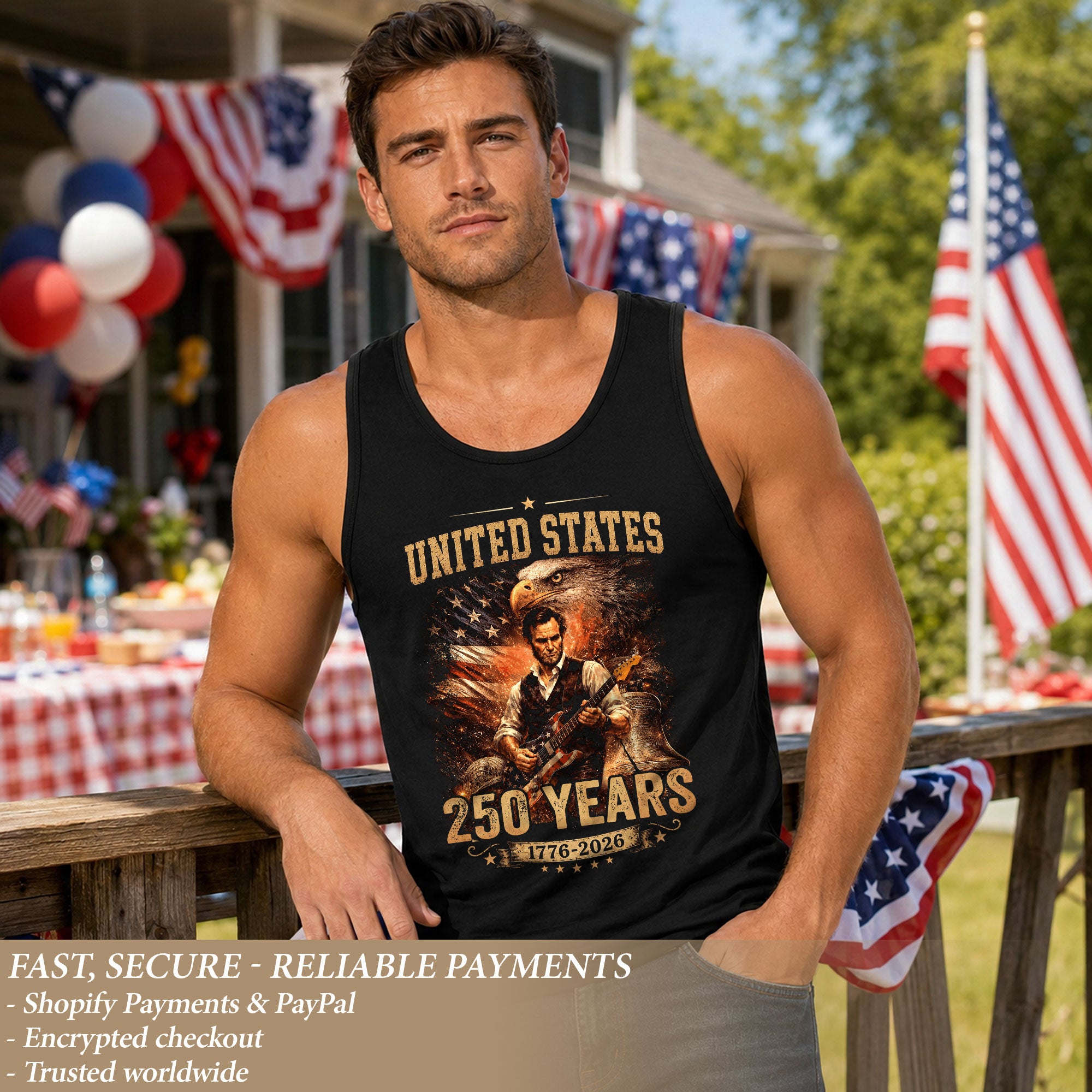 Eagle Abraham Lincoln Guitar Tank Top 1776-2026 Patriotic Vintage Men Graphic Gym Shirt