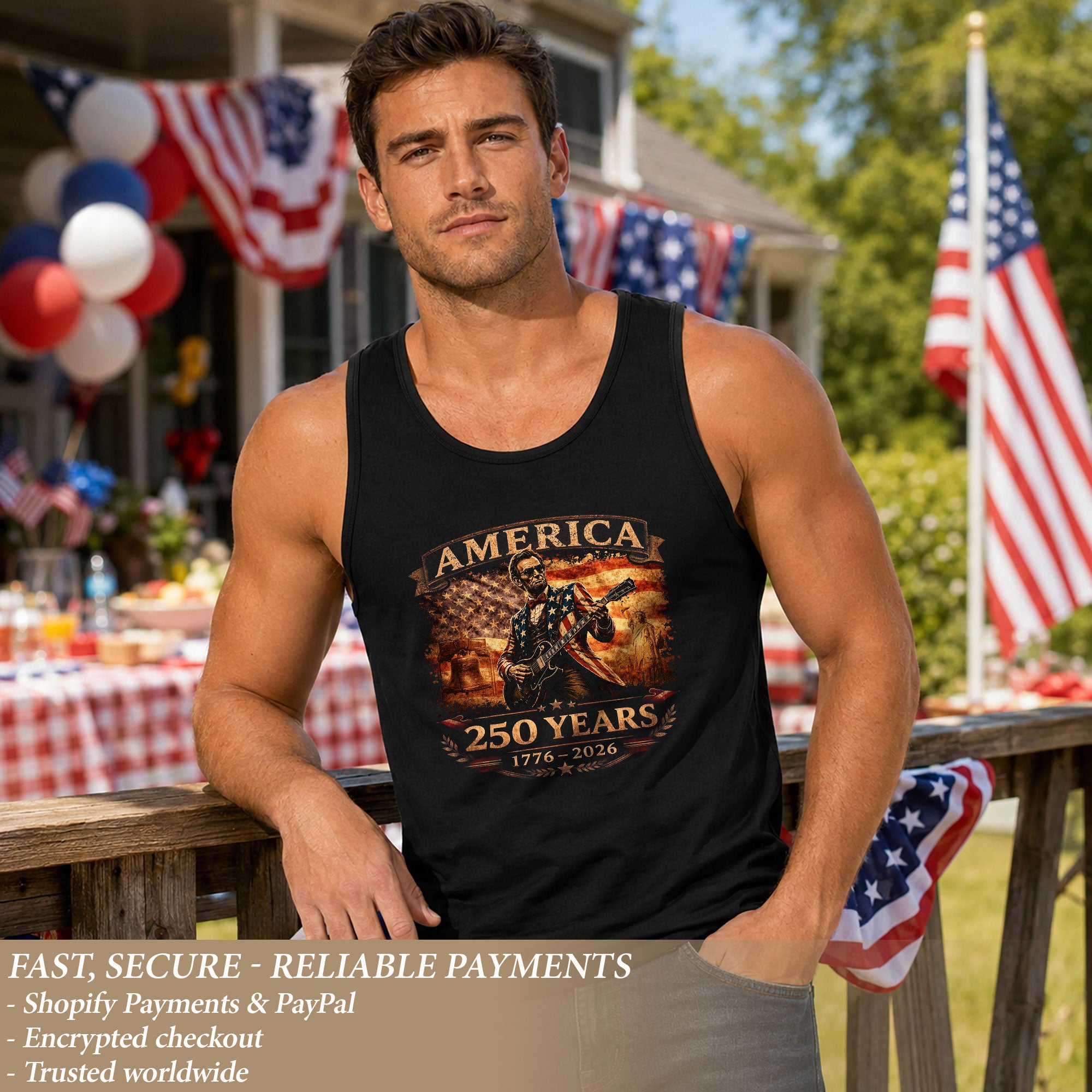 Lincoln Flag Suit Guitar Tank Top 1776-2026 Patriotic Vintage Men Graphic Sleeveless Shirt