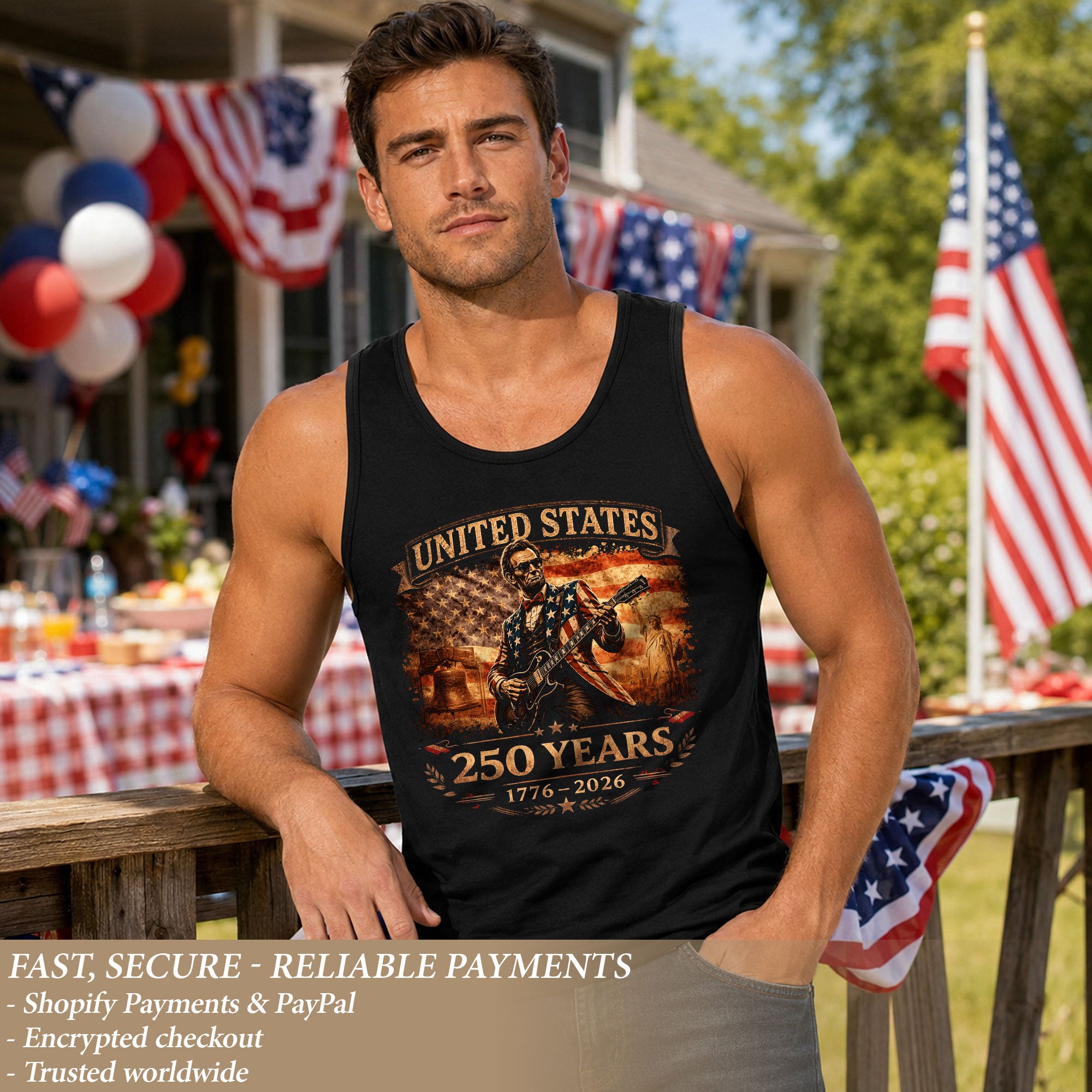 Lincoln Flag Suit Guitar Tank Top 1776-2026 Patriotic Vintage Men Graphic Sleeveless Shirt