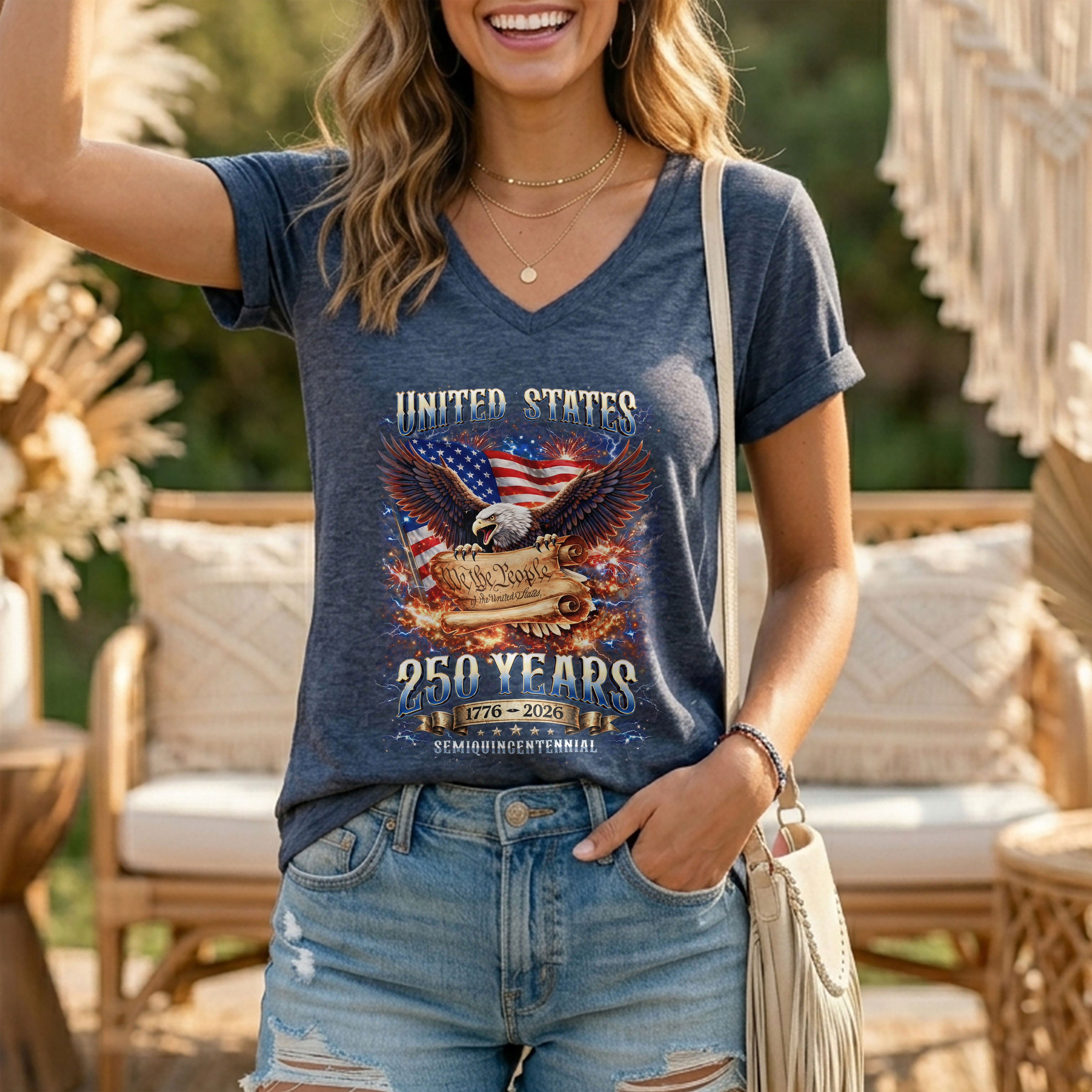 United States 250 Years Womens V Neck Shirt Retro We The People Firework Eagle Top