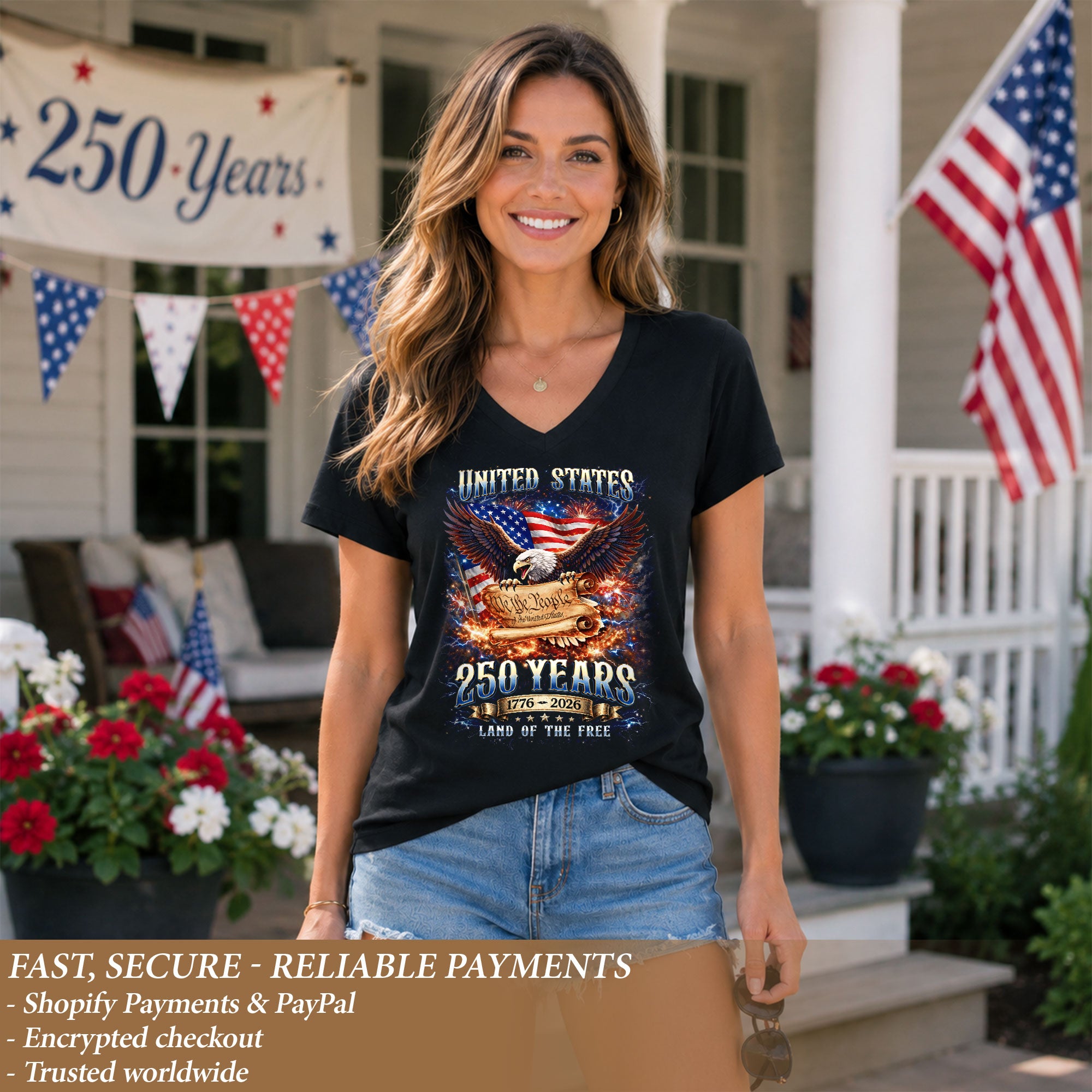 United States 250 Years Womens V Neck Shirt Retro We The People Firework Eagle Top