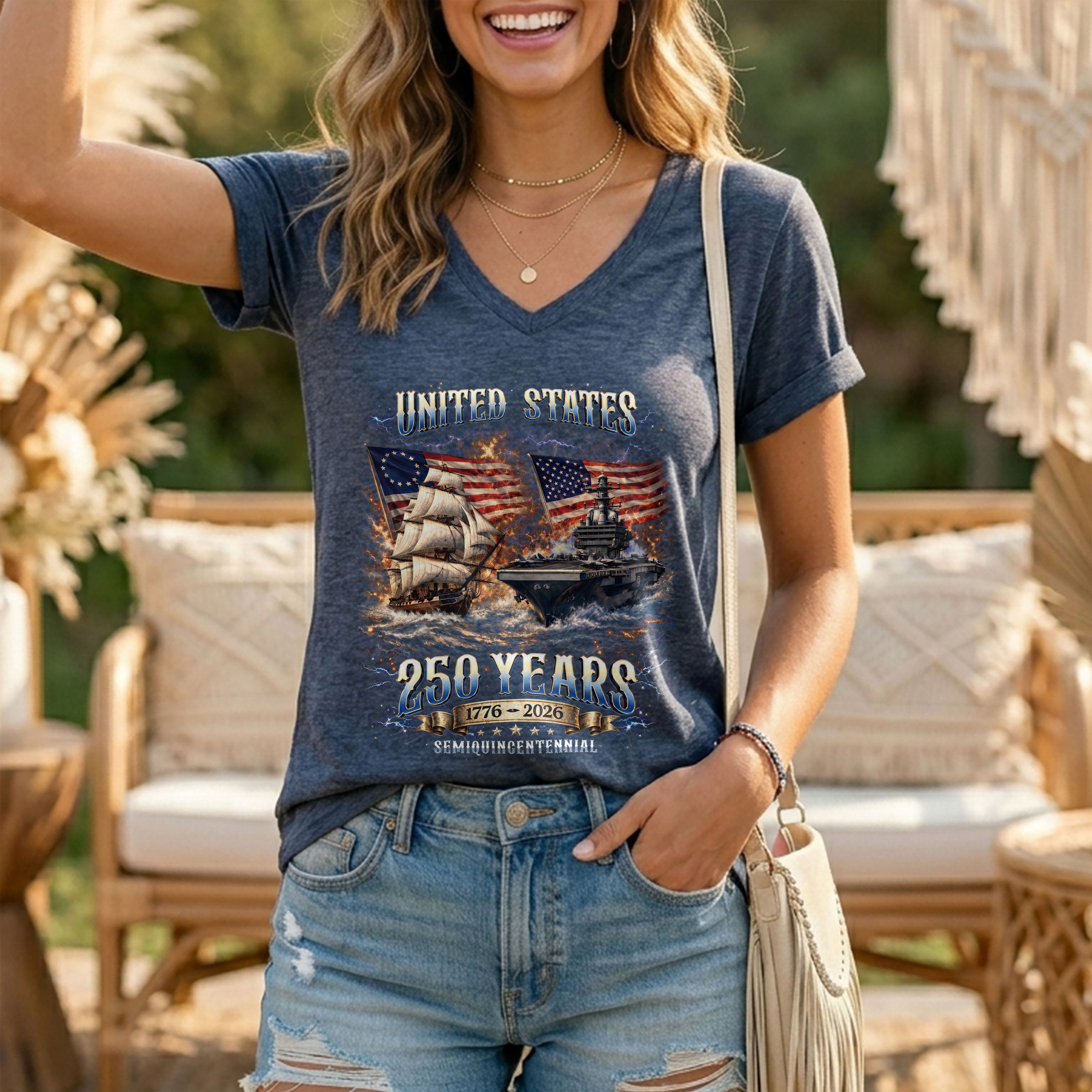 Patriotic Ship Womens V Neck Shirt Cool Military Flag Vintage 250 Years 1776 2026 Tee