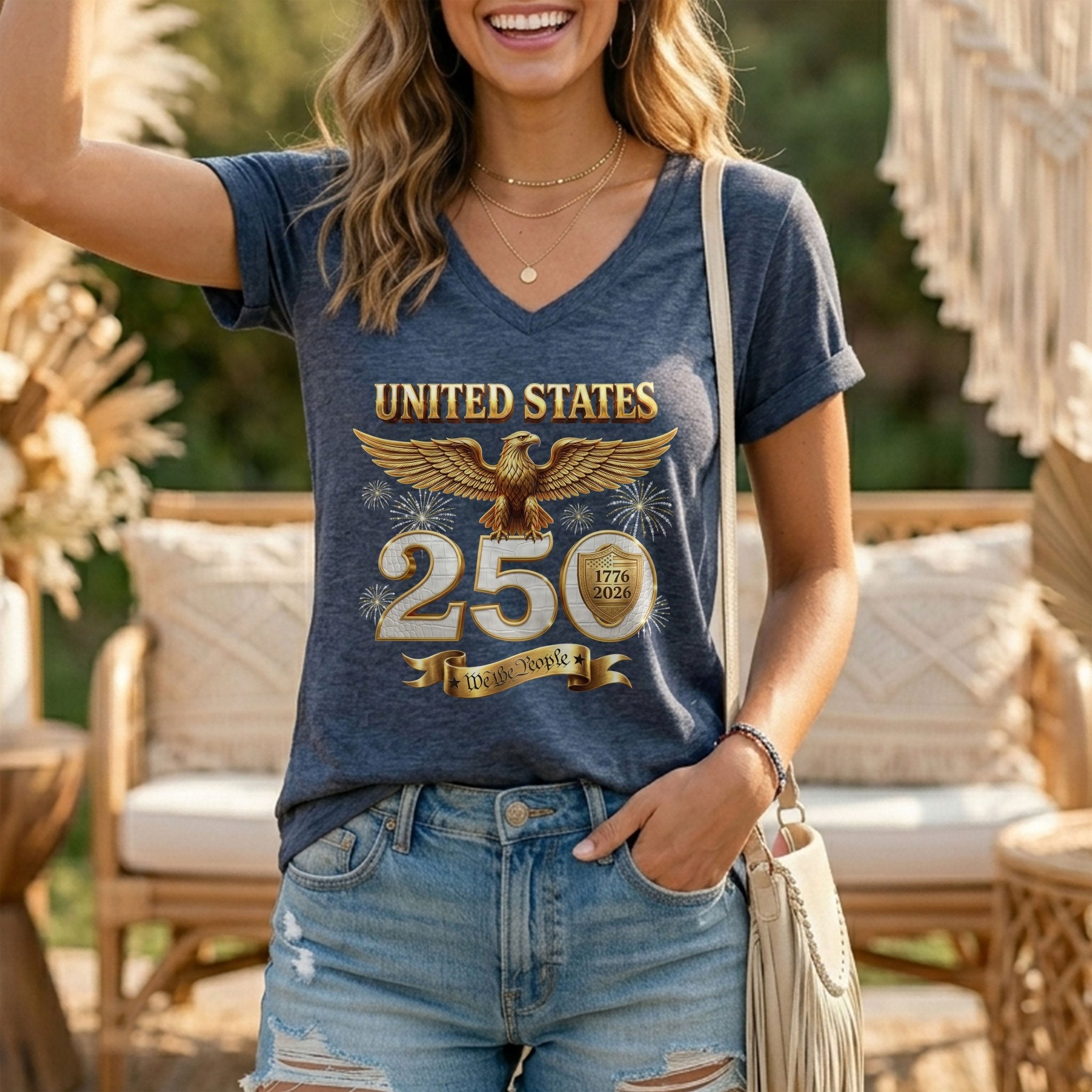 United States 250 Year Anniversary T Shirt We The People Patriotic V Neck Graphic Tee - Rust Field Wear