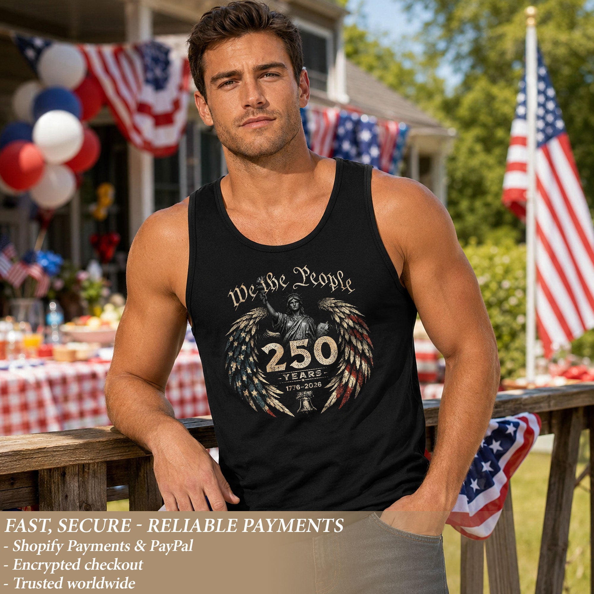 Men Tank Top Patriotic We The People Statue Of Liberty 1776-2026 Eagle Wings Flag Vest