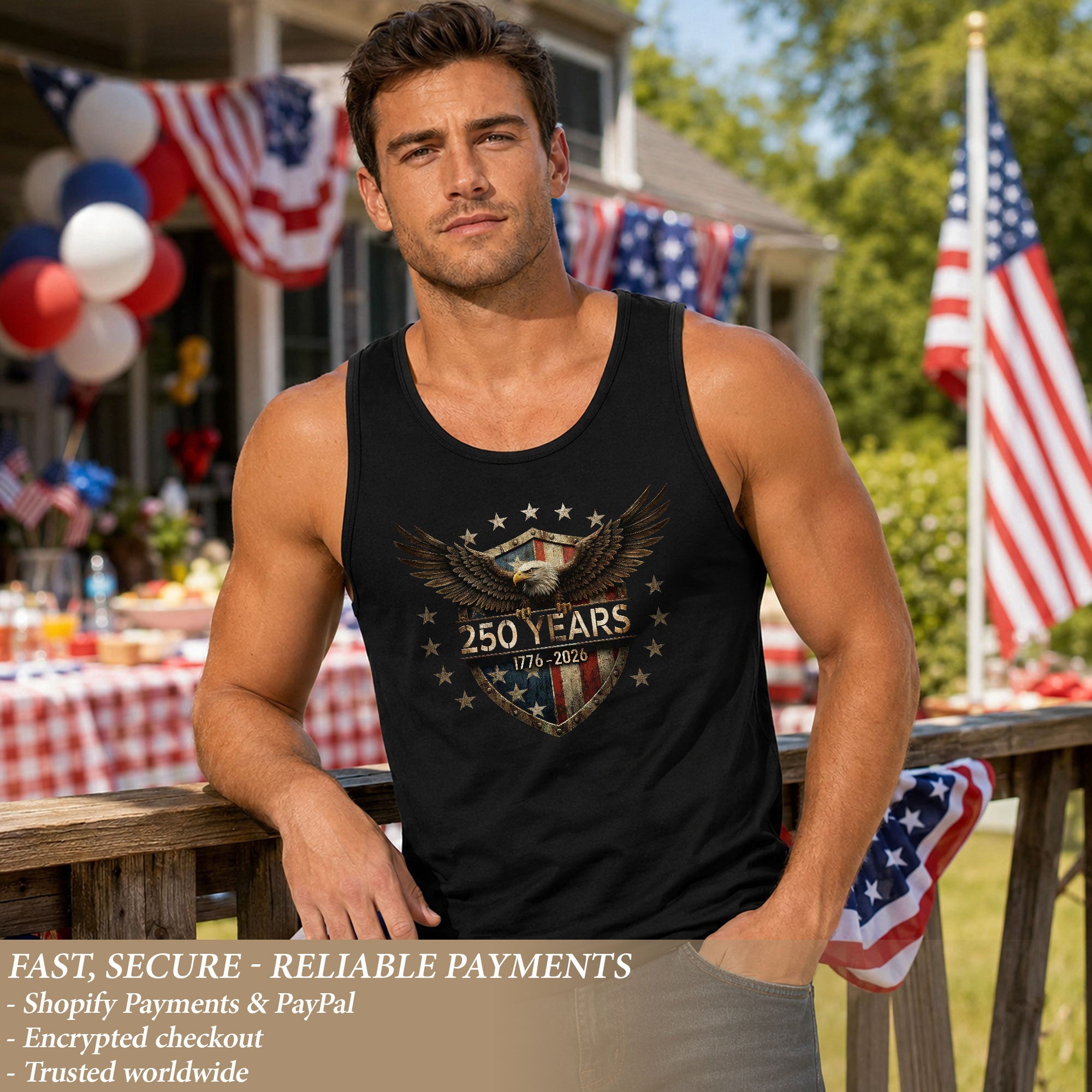 Men Tank Top Patriotic Bald Eagle 1776-2026 250 Years American Flag Shield Stars Vest