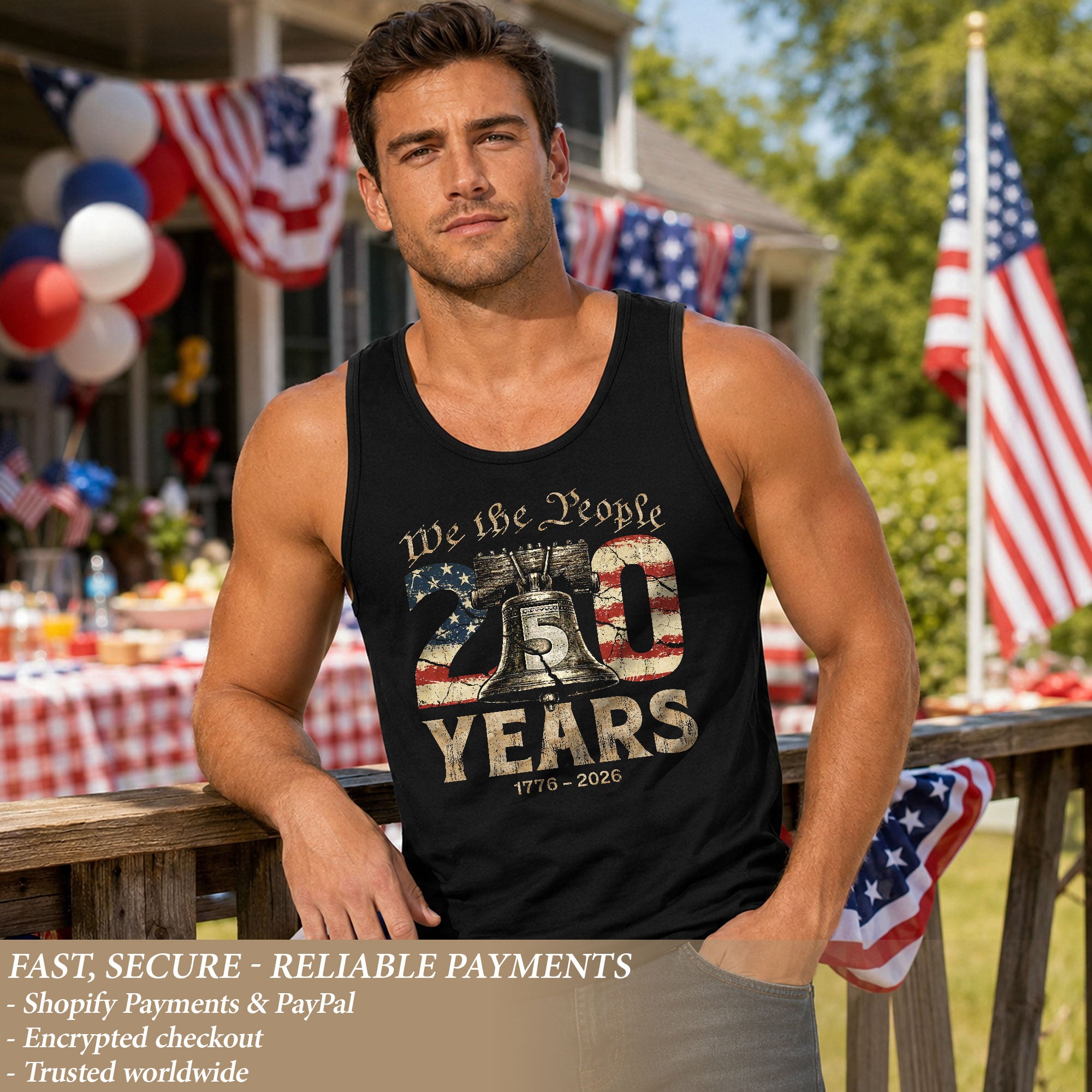 Men Tank Top Patriotic We The People 1776-2026 250 Years Liberty Bell American Flag Vest