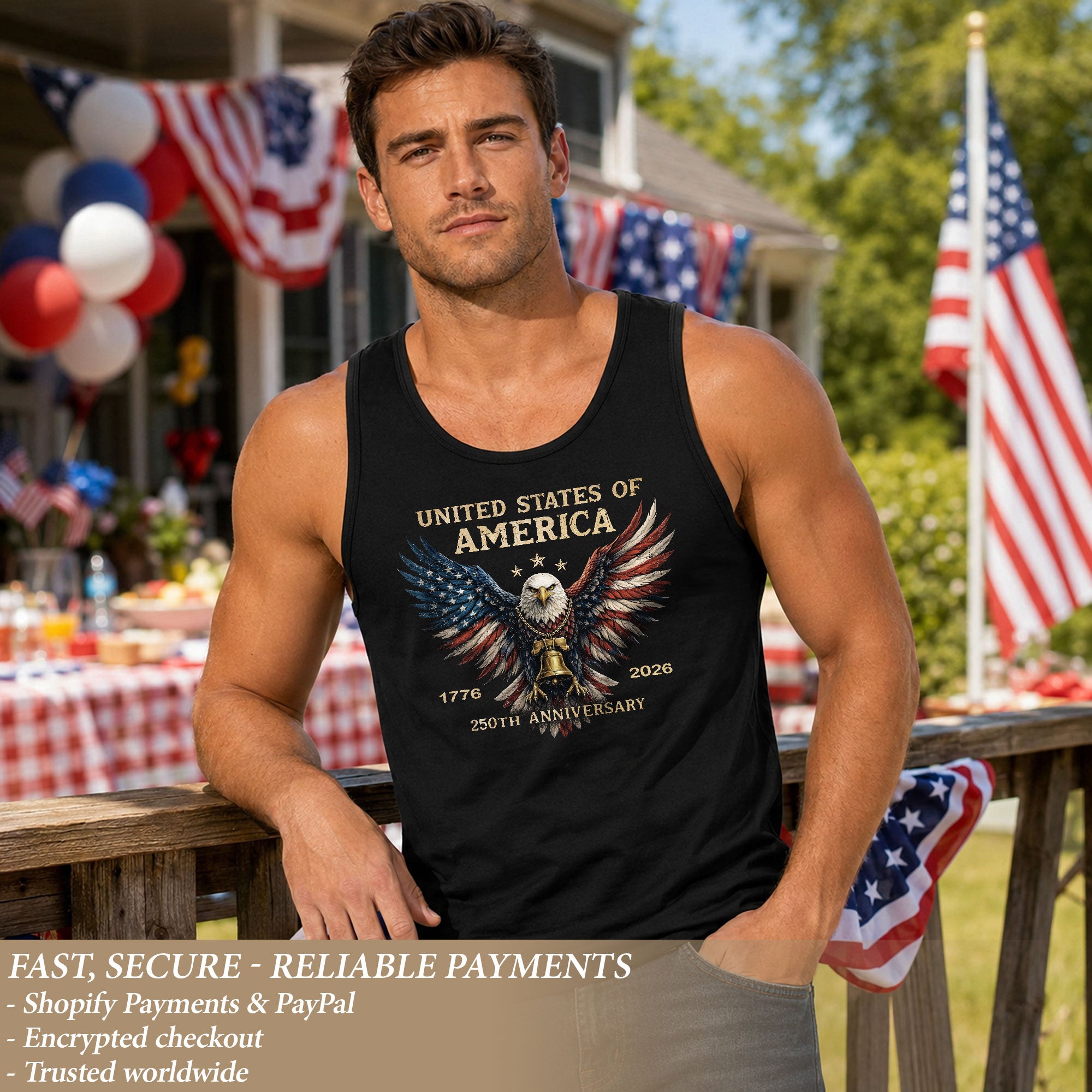 Men Tank Top Patriotic Bald Eagle Liberty Bell 1776-2026 250th Anniversary Flag Wings Vest