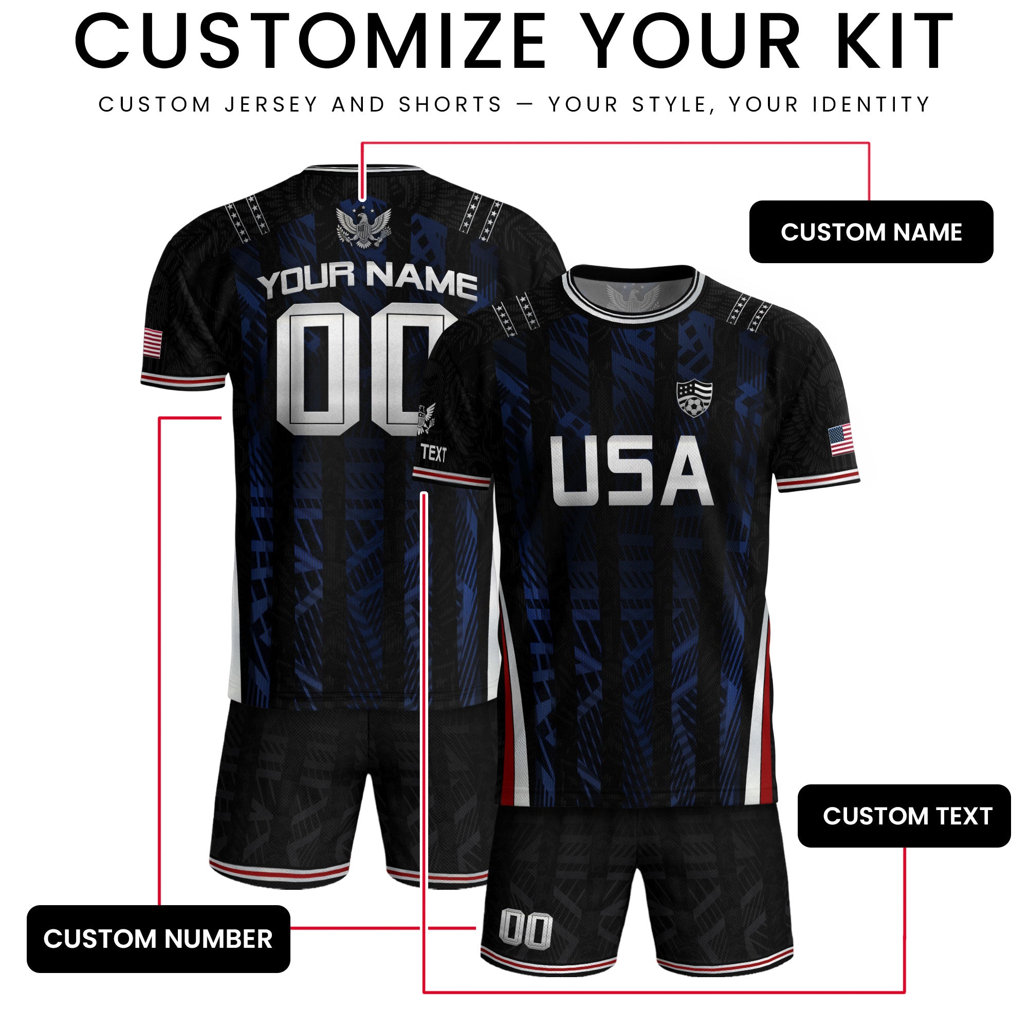 USA Soccer Jersey Custom Name Number Patriotic Black Stripes Football Team Shirt