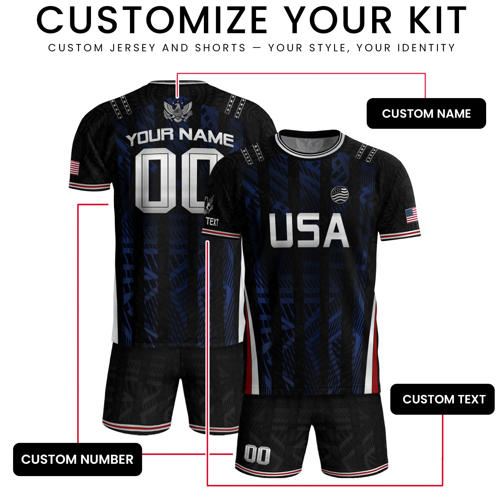 USA Soccer Jersey Custom Name Number Patriotic Black Stripes Football Team Shirt