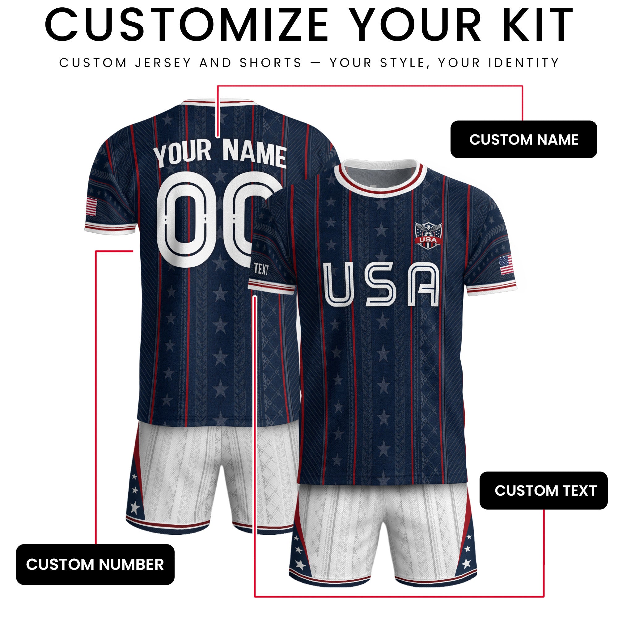 USA Soccer Jersey Custom Name Number Patriotic Navy Blue Stars Football Team Shirt