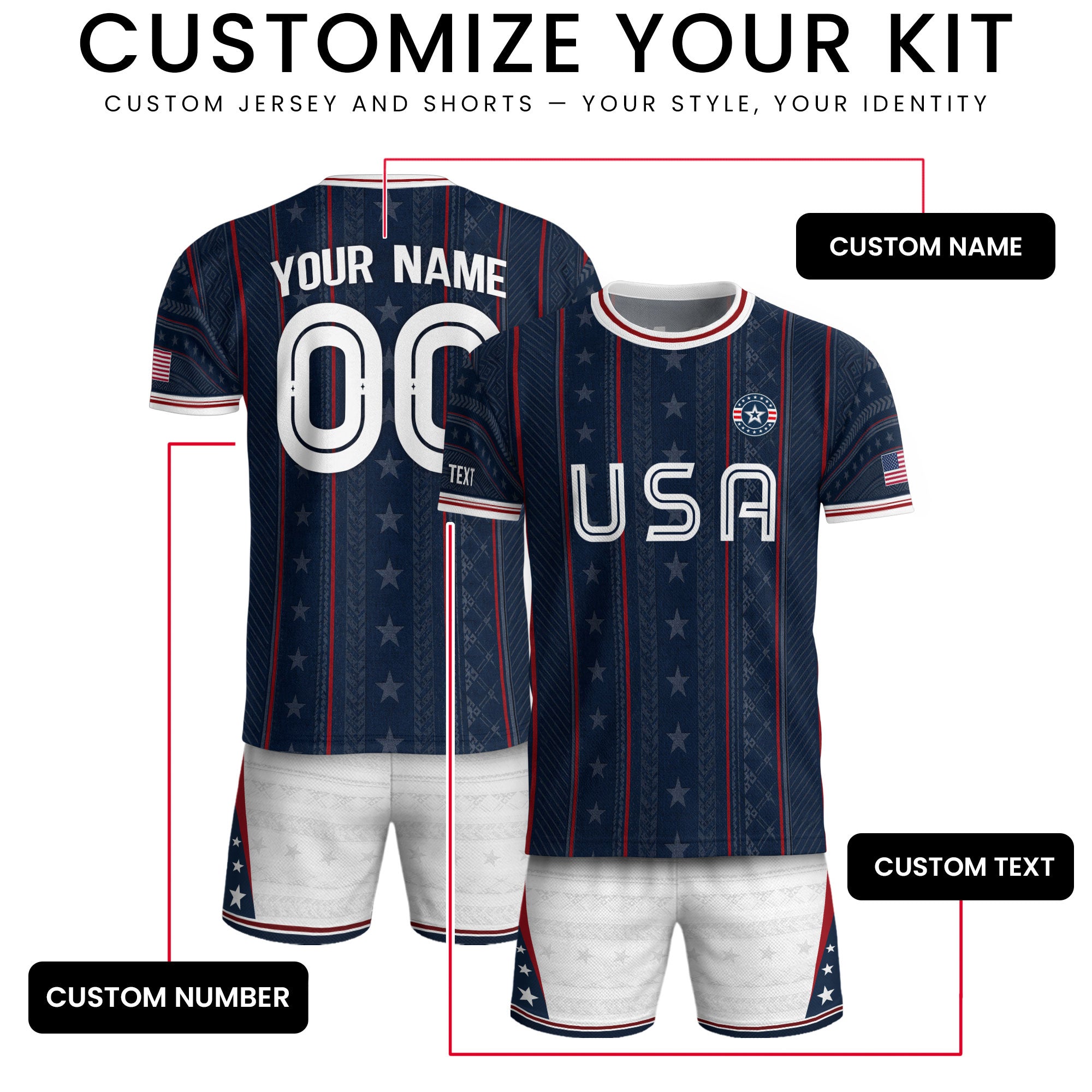 USA Soccer Jersey Custom Name Number Patriotic Navy Blue Stars Football Team Shirt