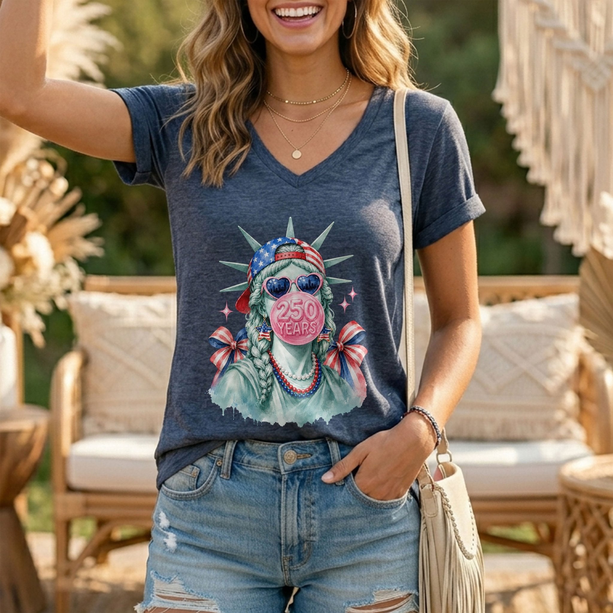 Statue of Liberty V-Neck Shirt Cute Bubble Gum Heart Sunglasses Patriotic Graphic Tee - Rust Field Wear