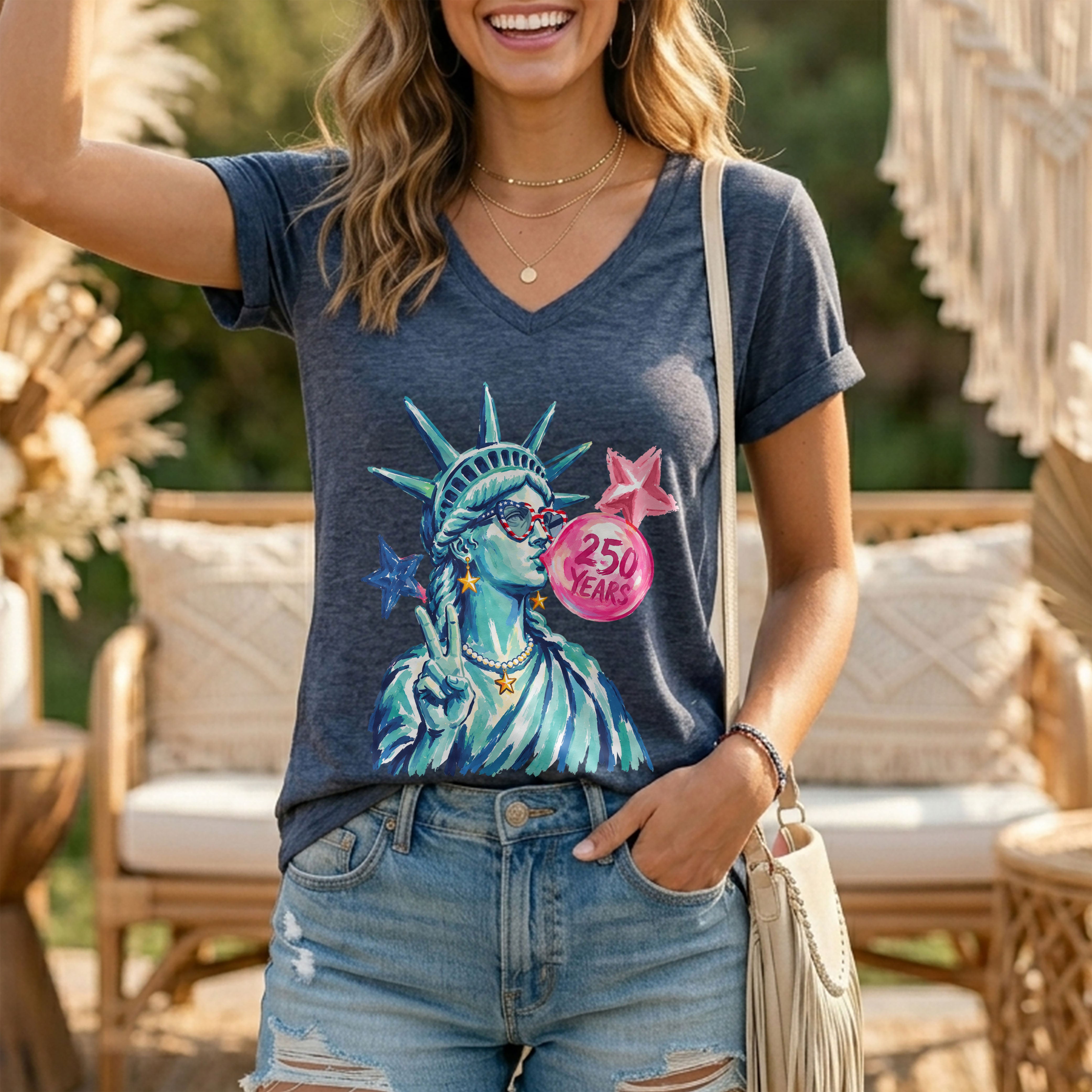 Statue of Liberty Peace Sign V-Neck Shirt Cute Bubble Gum Patriotic Graphic Tee