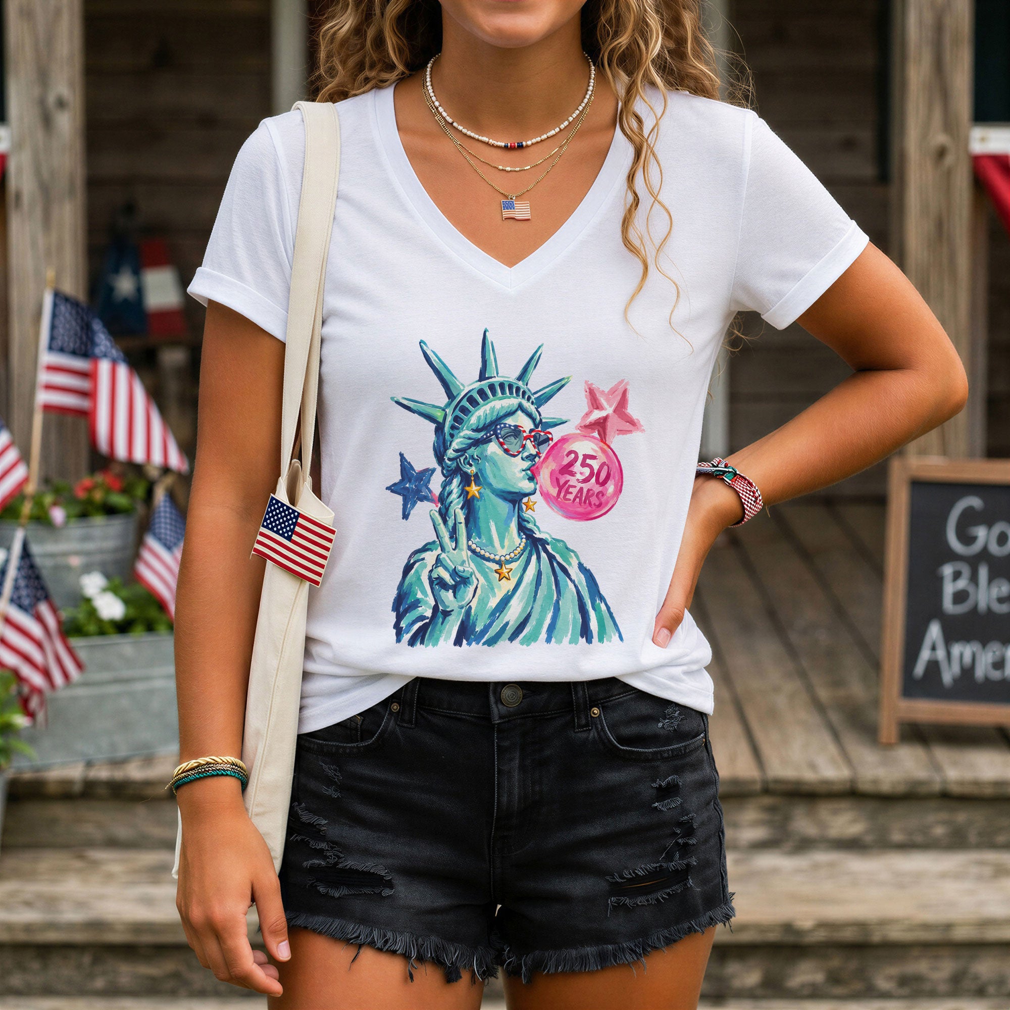 Statue of Liberty Peace Sign V-Neck Shirt Cute Bubble Gum Patriotic Graphic Tee
