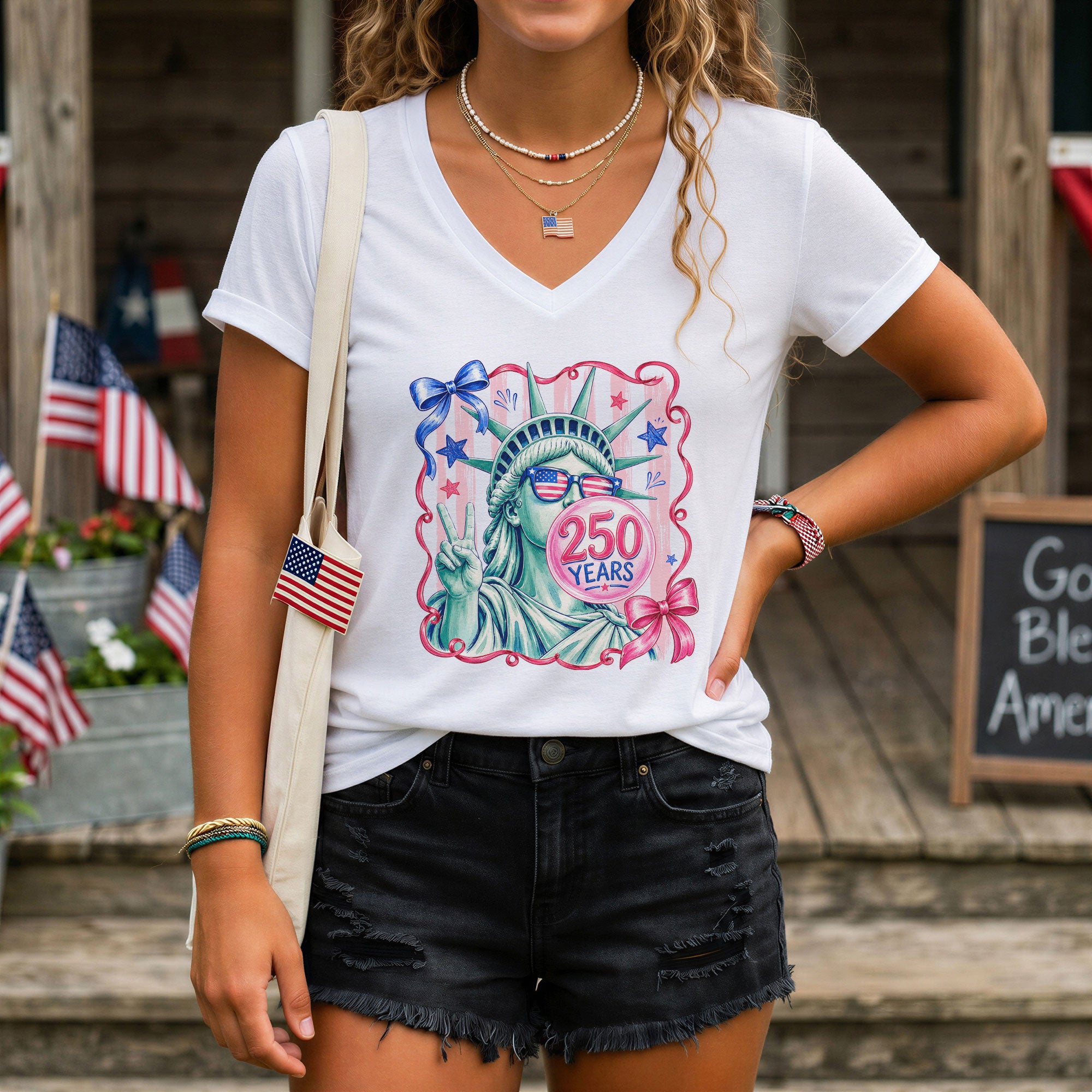 Statue of Liberty V-Neck Shirt Cute Peace Sign Sunglasses Ribbon Patriotic Graphic Tee
